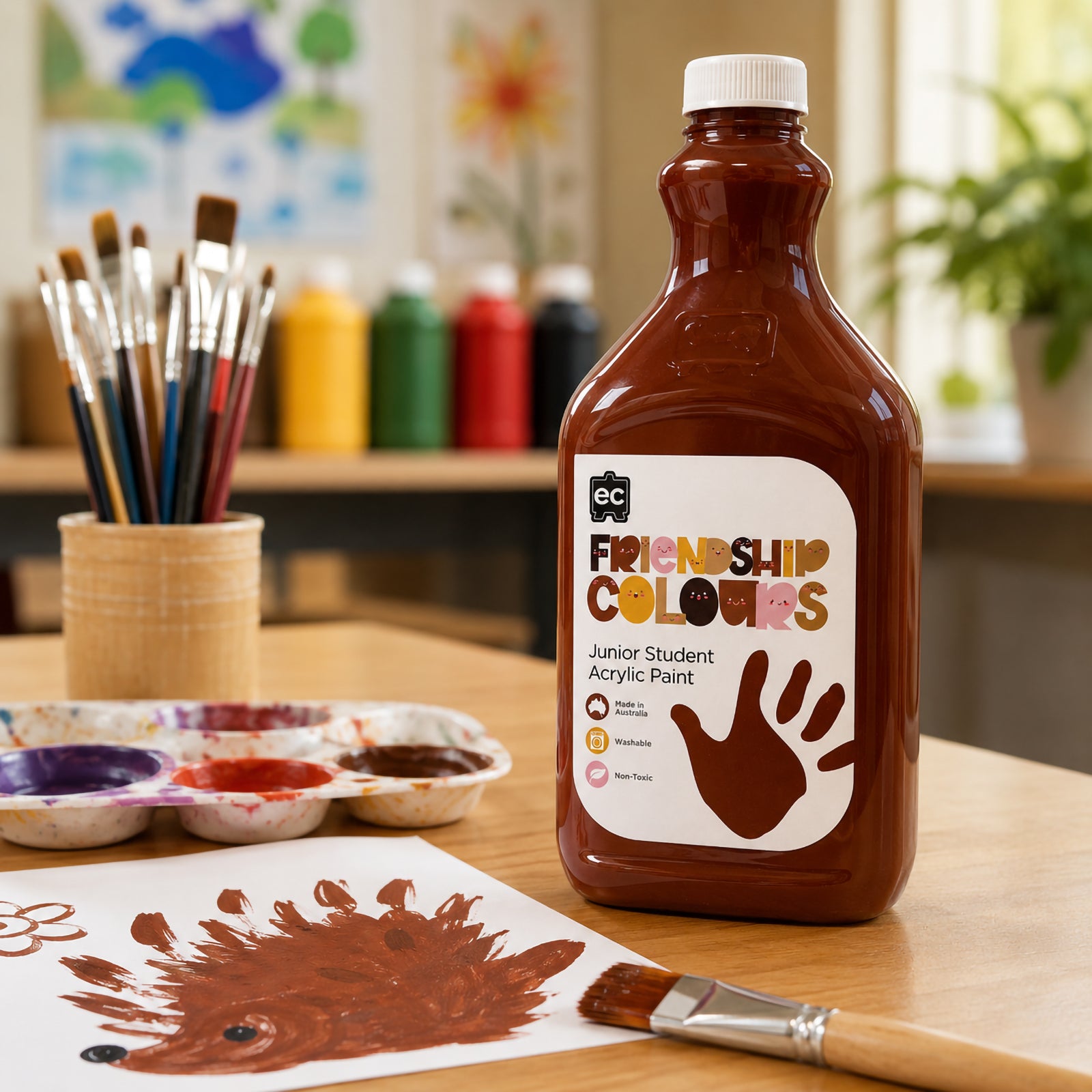 Large bottle of Friendship Colours Mahogany Acrylic Paint positioned in a bright classroom setting with paint trays, brushes and a student painted hedgehog artwork. The deep mahogany shade demonstrates excellent suitability for animal illustrations, portrait work and educational art projects.