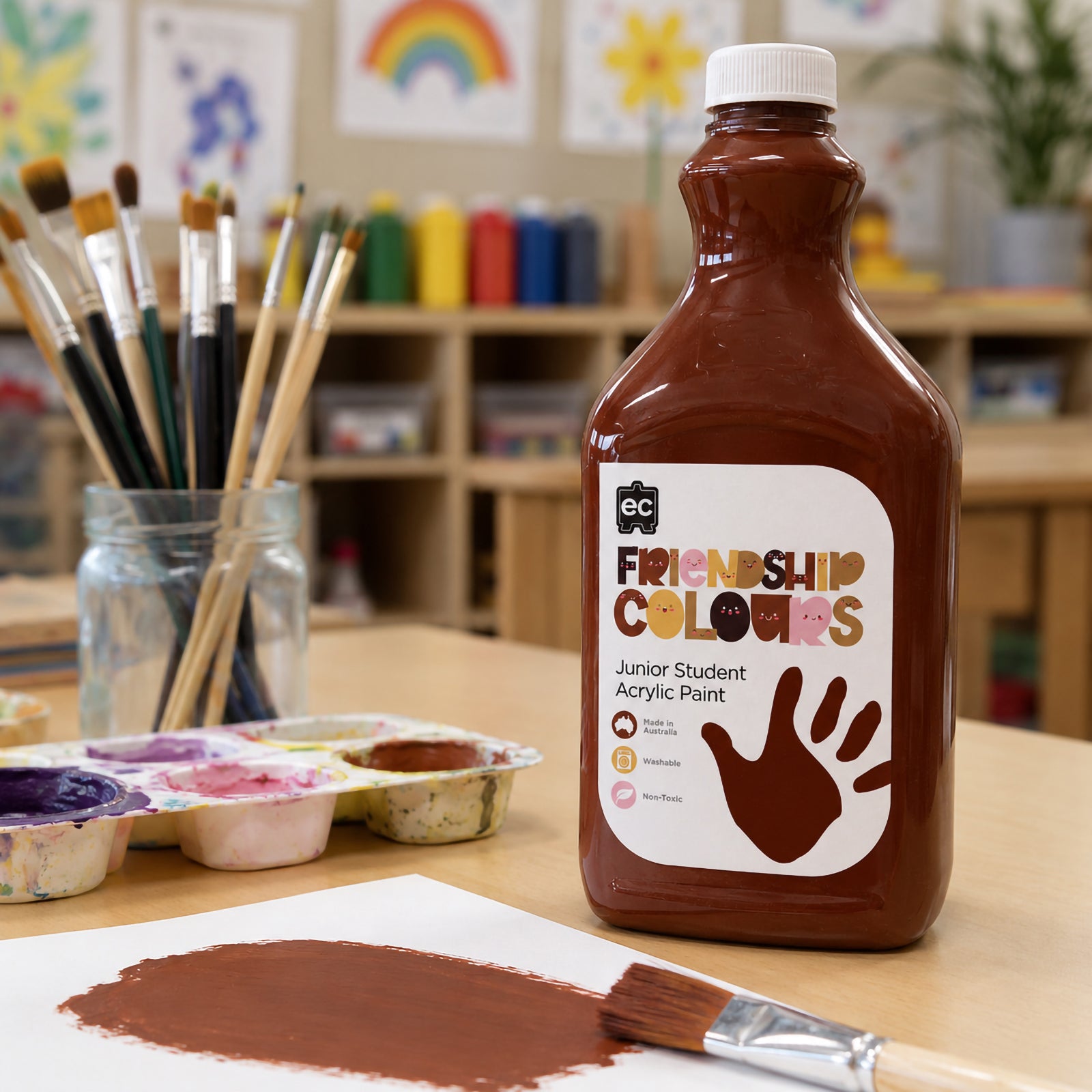 Educational Colours Friendship Colours Mahogany Acrylic Paint 2L displayed on a classroom art table beside paint palettes, brushes and a painted mahogany colour sample. Children's artwork and colourful paint bottles in the background create an inviting learning environment focused on creativity, diversity and artistic exploration.