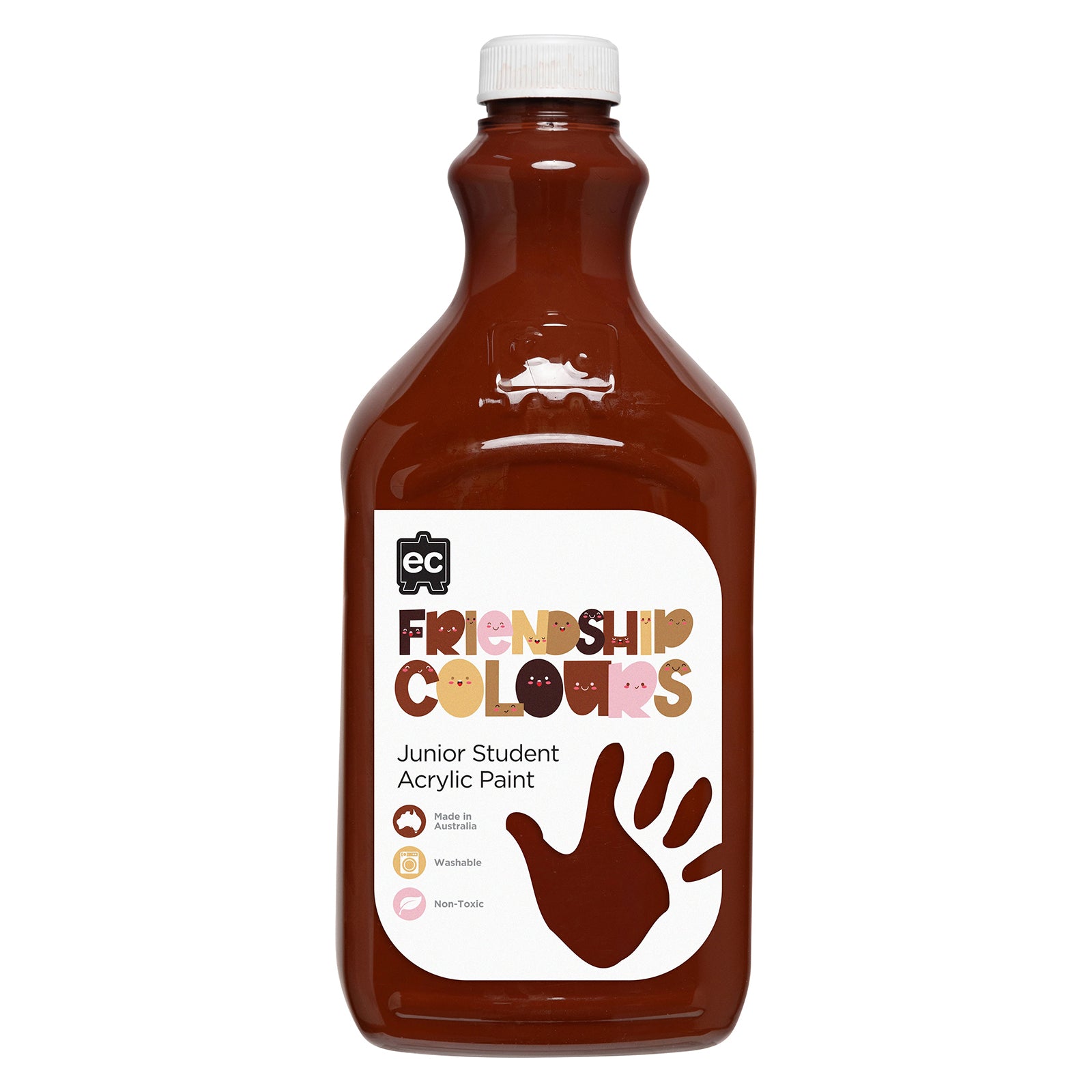 Clean product image of Educational Colours Friendship Colours Mahogany Acrylic Paint 2L against a neutral background. The packaging clearly displays the Friendship Colours branding and key features including washable, non toxic formulation and Australian made quality.