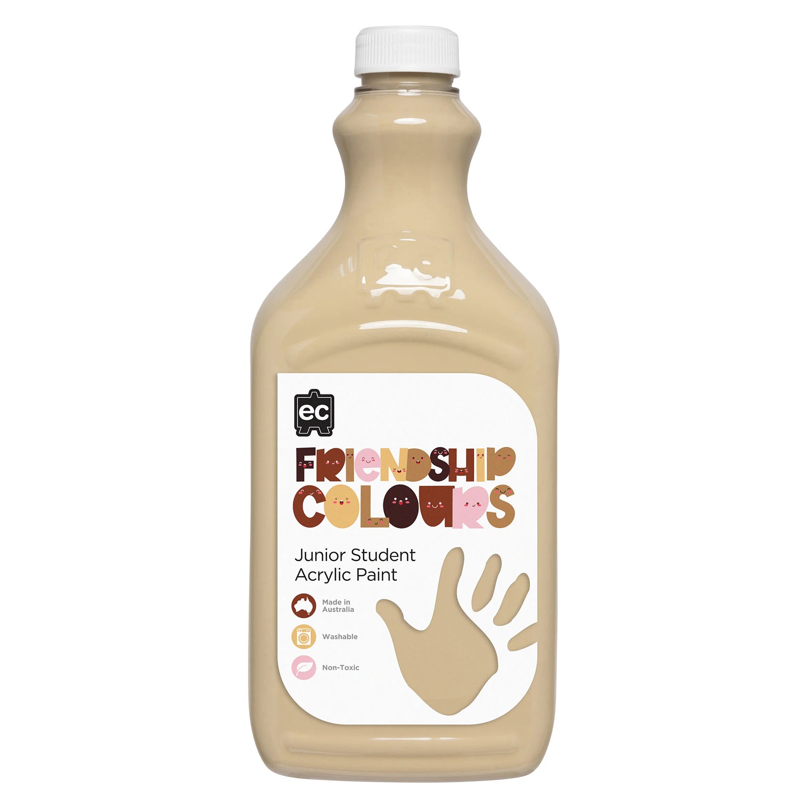 Clean product image of Educational Colours Friendship Colours Olive Acrylic Paint 2L against a neutral background. The bottle clearly displays Friendship Colours branding and highlights key features including washable, non toxic formulation and Australian made quality.