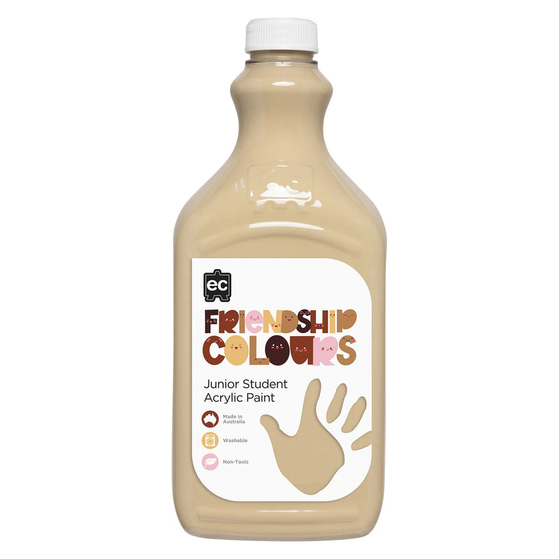 Clean product image of Educational Colours Friendship Colours Olive Acrylic Paint 2L against a neutral background. The bottle clearly displays Friendship Colours branding and highlights key features including washable, non toxic formulation and Australian made quality.