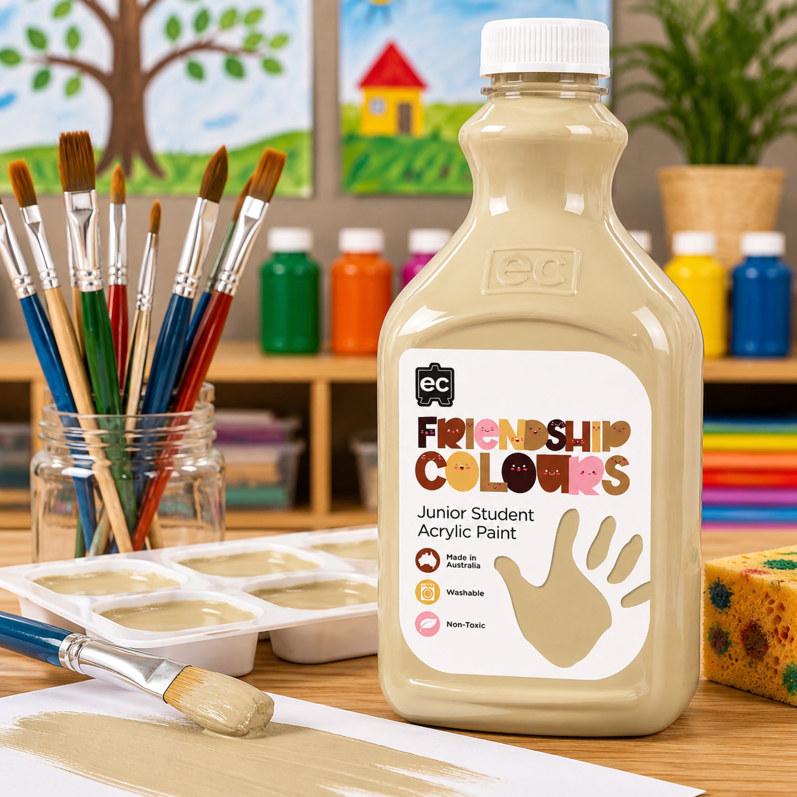 Friendship Colours Olive Acrylic Paint showcased in a vibrant classroom setting with colourful paint bottles, brushes and children's artwork displayed in the background. The soft olive shade is presented alongside paint palettes and art materials, demonstrating its versatility for inclusive and expressive student artwork.