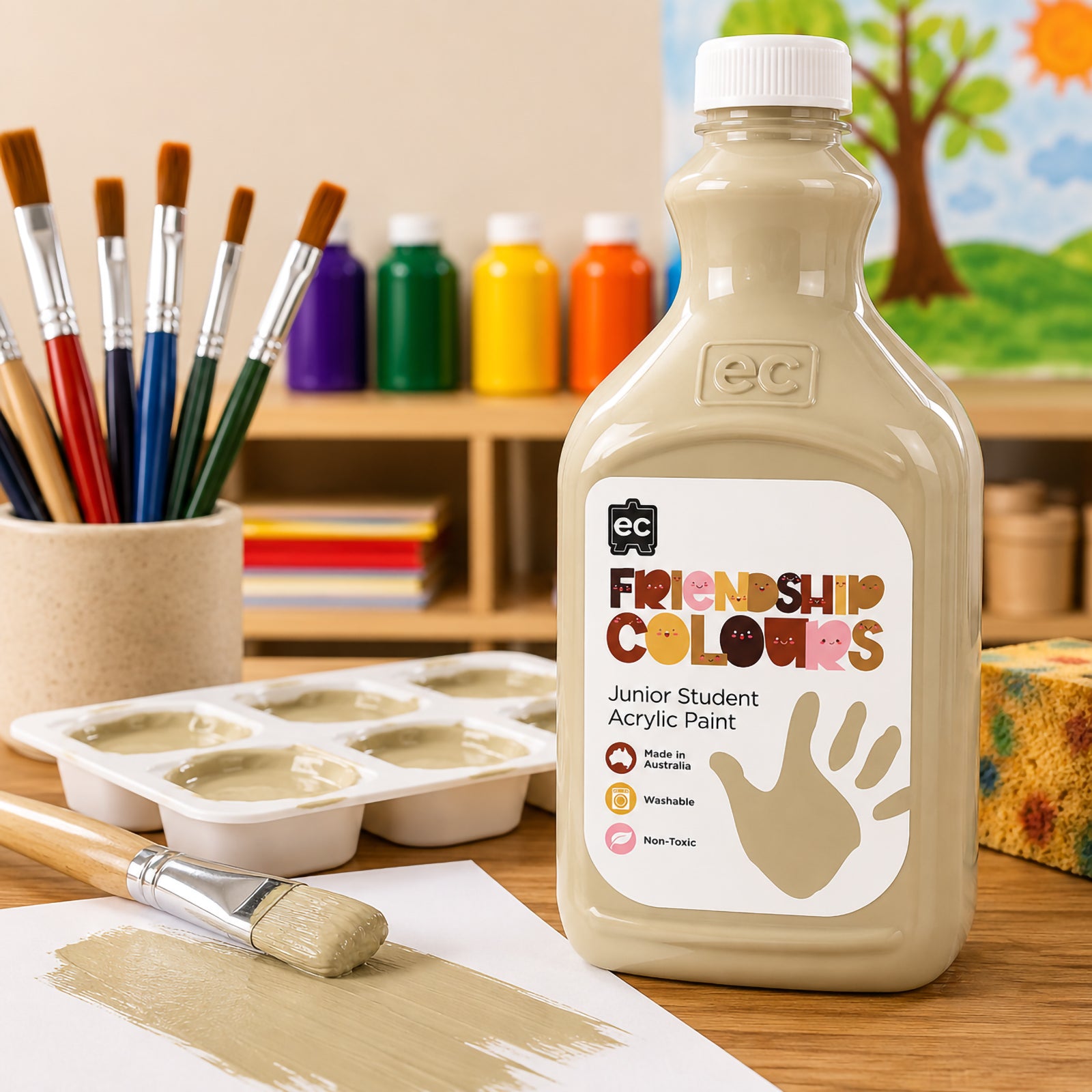 Large bottle of Friendship Colours Olive Acrylic Paint positioned beside artist brushes, paint trays and a freshly painted olive colour sample. Bright classroom artwork featuring trees and nature scenes highlights the paint's suitability for educational art projects, portrait activities and creative learning programs.