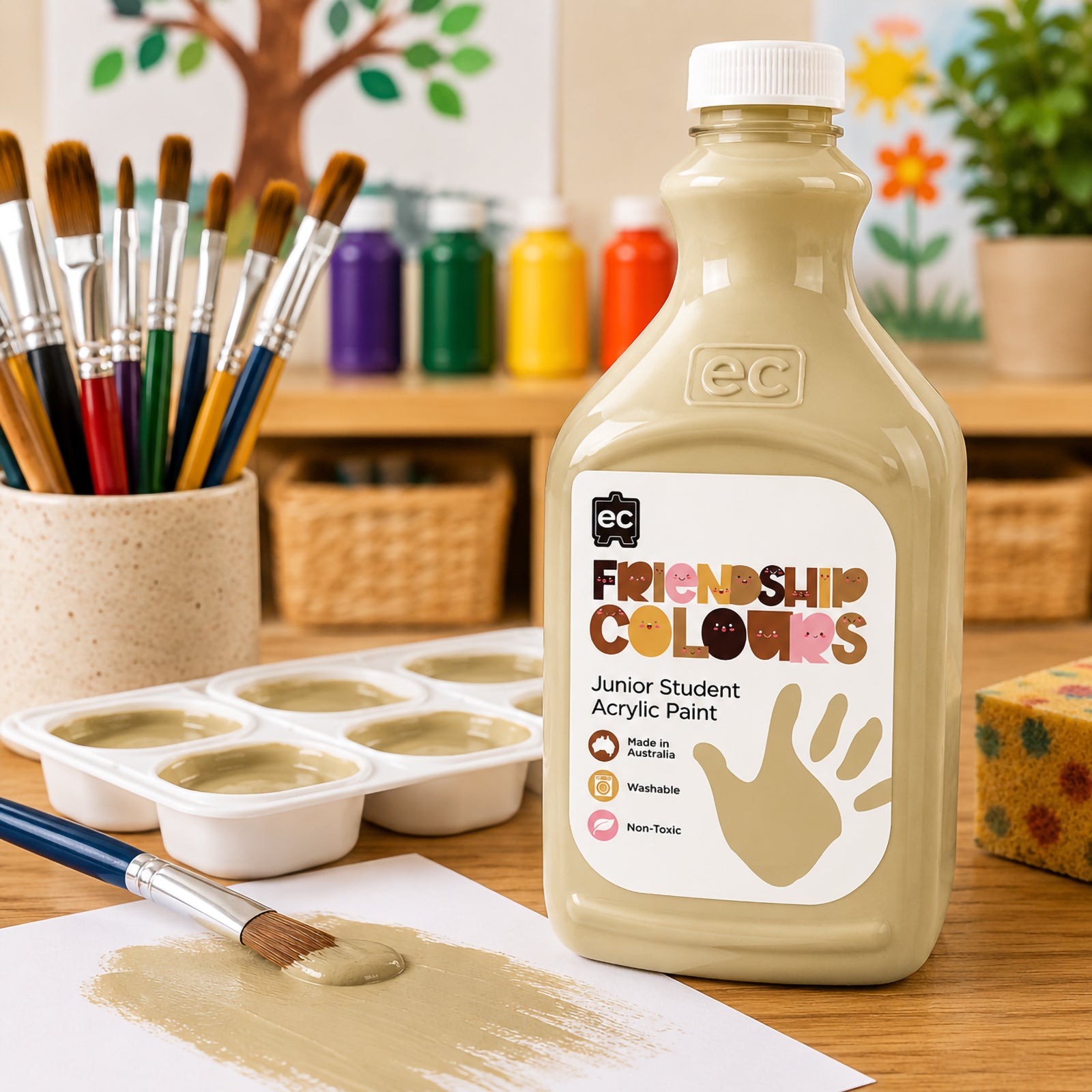 Educational Colours Friendship Colours Olive Acrylic Paint 2L displayed on a classroom art table beside paint brushes, paint trays and a soft olive coloured brushstroke painted across white paper. Colourful paint bottles, classroom artwork and educational resources in the background create a welcoming environment focused on creativity and inclusion.