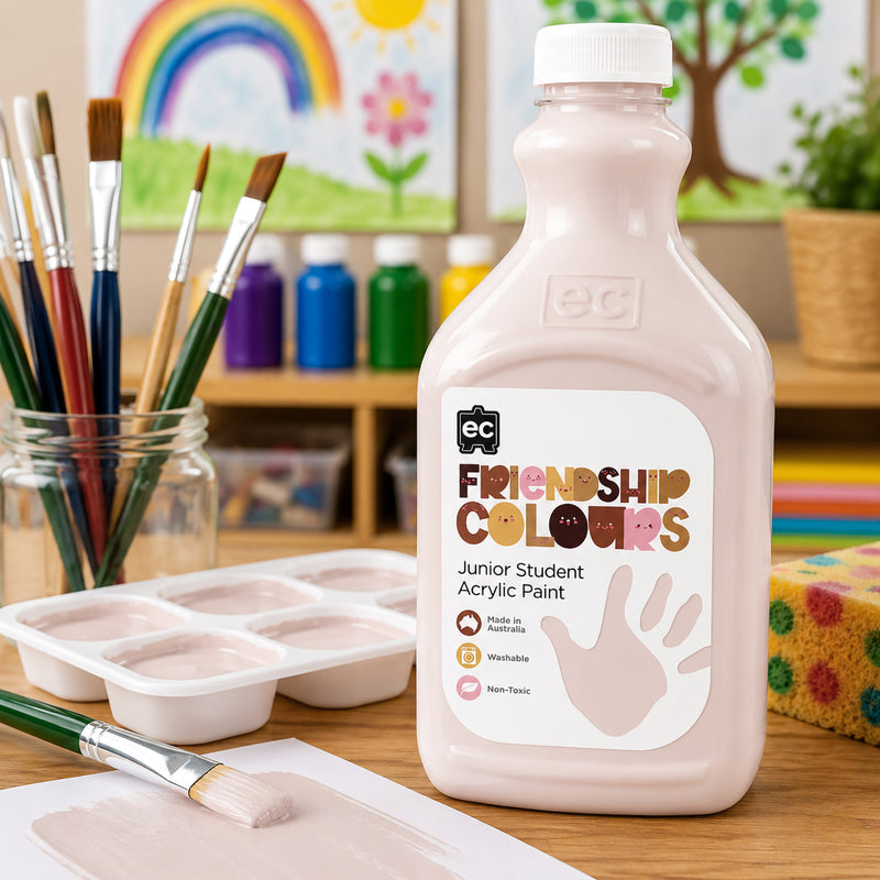 Friendship Colours Peach Acrylic Paint showcased in a vibrant classroom setting surrounded by paint brushes, art supplies and colourful educational displays. The gentle peach shade is presented as part of an inclusive art program that encourages self expression, representation and creativity among young learners.