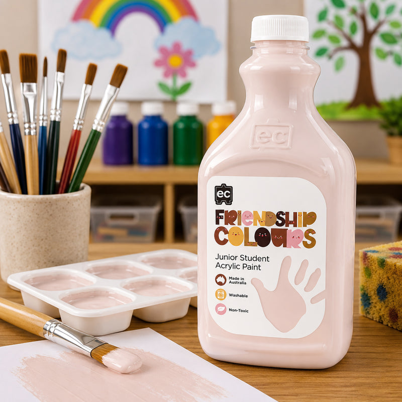 Large bottle of Friendship Colours Peach Acrylic Paint positioned beside paint palettes, brushes and a freshly painted peach colour sample. Classroom artwork featuring rainbows, flowers and nature themes demonstrates the paint's suitability for portrait projects, diversity activities and creative learning experiences.