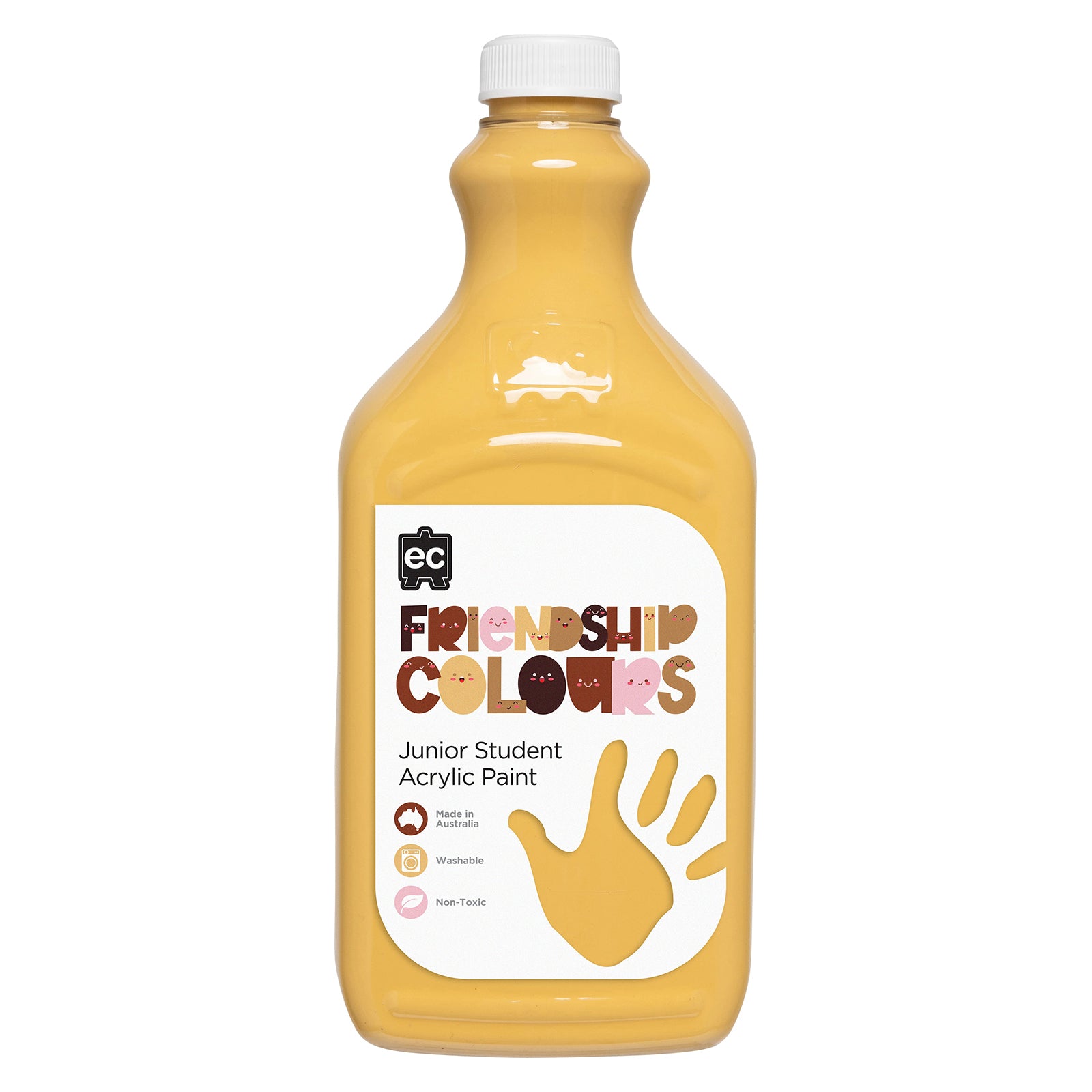 Clean studio image of Educational Colours Friendship Colours Sand Acrylic Paint 2L on a neutral background. The bottle clearly displays Friendship Colours branding along with washable, non toxic and Australian made features suitable for educational and creative environments.