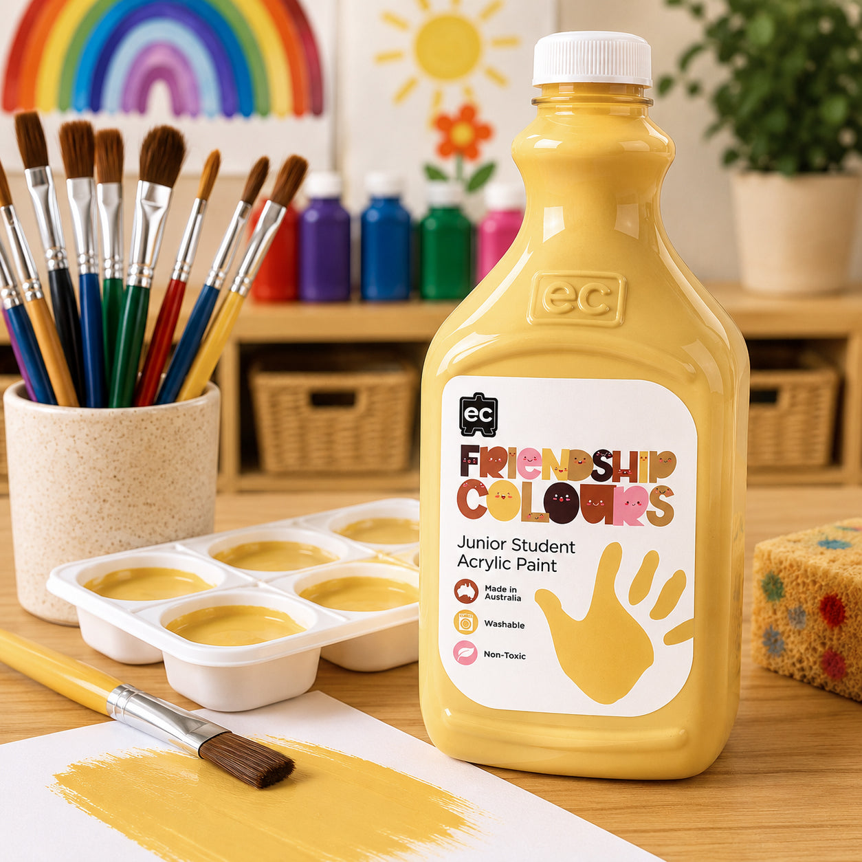 Friendship Colours Sand Acrylic Paint showcased among colourful classroom supplies, paint brushes and children's artwork. The warm golden sand shade is presented as part of an inclusive art collection designed to encourage self representation, creativity and cultural awareness.