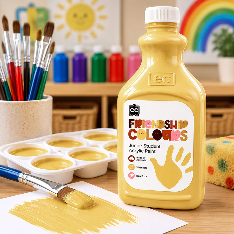 Large bottle of Friendship Colours Sand Acrylic Paint positioned next to brushes, paint palettes and a freshly painted sand coloured brushstroke. Bright classroom decorations and educational art displays highlight the paint's suitability for portrait work, diversity projects and collaborative creative activities.