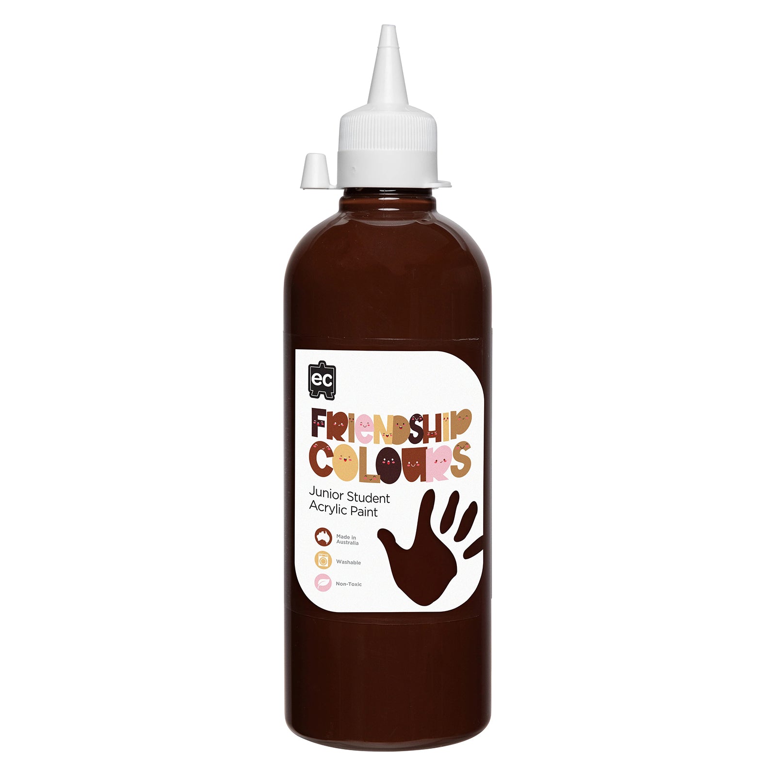 Studio product image of Educational Colours Friendship Colours Espresso Acrylic Paint 500ml on a plain background. The bottle clearly displays Friendship Colours branding and key features including Australian made, washable and non toxic formulation.