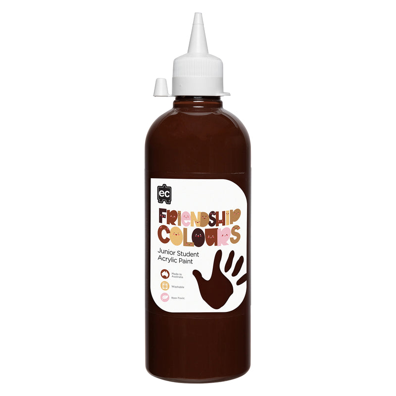Studio product image of Educational Colours Friendship Colours Espresso Acrylic Paint 500ml on a plain background. The bottle clearly displays Friendship Colours branding and key features including Australian made, washable and non toxic formulation.