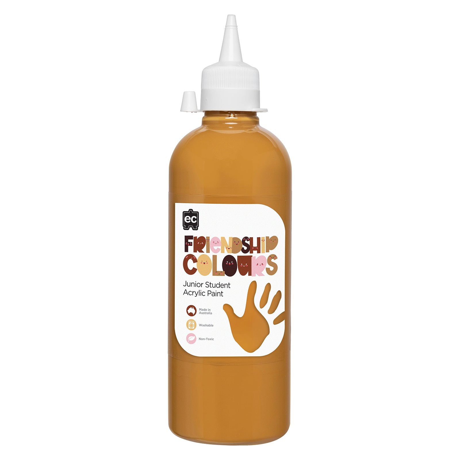 Studio product photograph of Educational Colours Friendship Colours Honey Acrylic Paint 500ml against a plain background. The image clearly displays the bottle design, Friendship Colours branding and key features including Australian made, washable and non toxic paint.