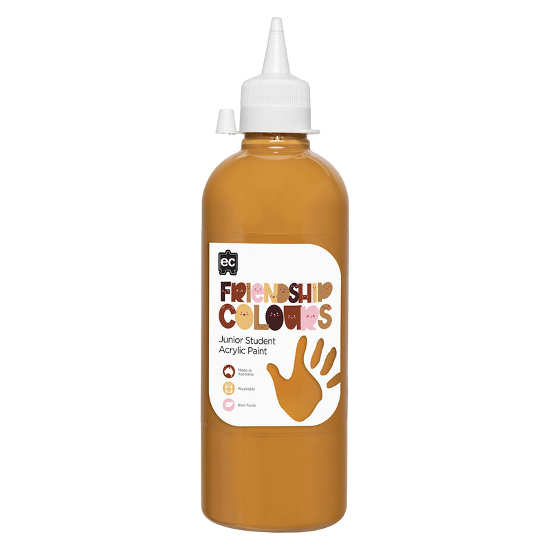 Studio product photograph of Educational Colours Friendship Colours Honey Acrylic Paint 500ml against a plain background. The image clearly displays the bottle design, Friendship Colours branding and key features including Australian made, washable and non toxic paint.