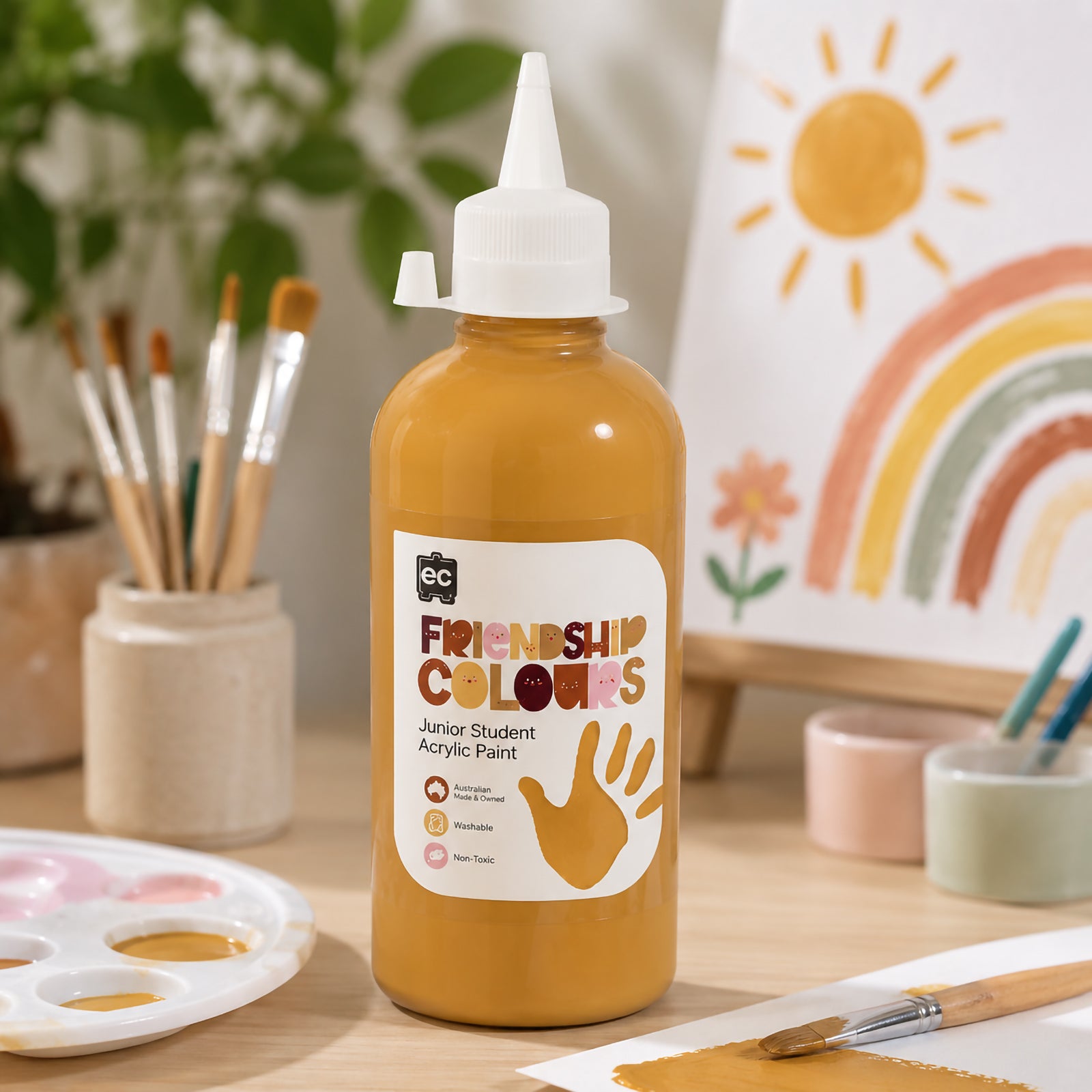 A 500ml bottle of Friendship Colours Honey Acrylic Paint standing beside art supplies and a rainbow painting. The warm skin tone inspired colour supports diversity focused projects, portrait creation and collaborative educational artwork.