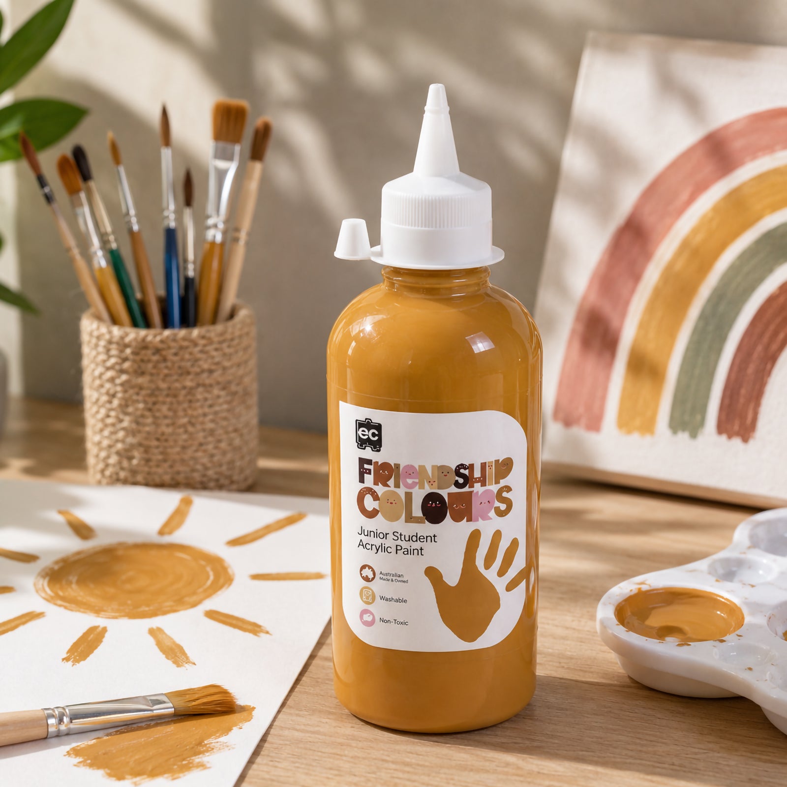 Educational Colours Friendship Colours Honey Acrylic Paint 500ml displayed on a creative workspace beside a painted sunshine artwork. The warm honey coloured paint appears on paper and in a palette, showcasing its suitability for inclusive art projects, portrait work and educational painting activities.