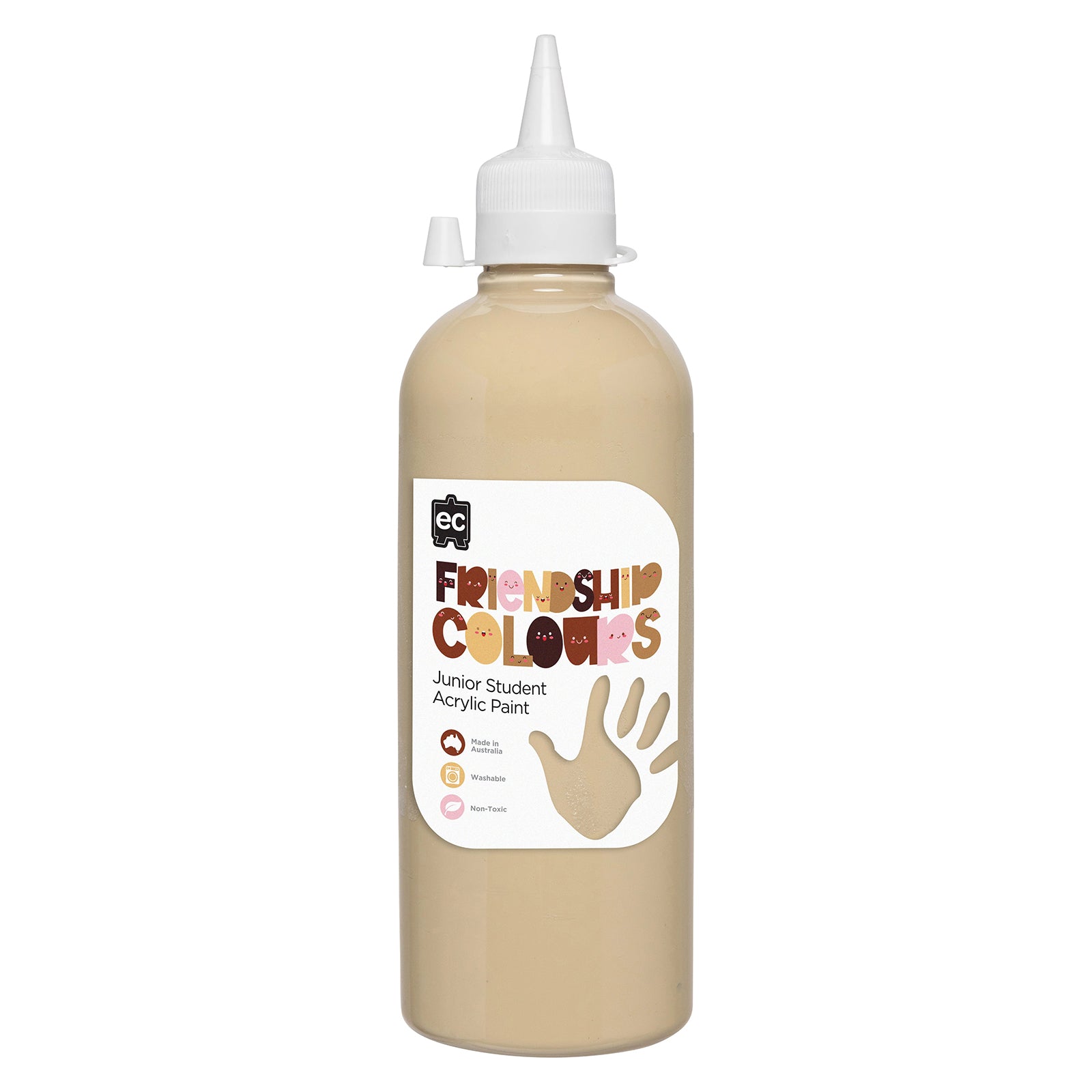 Product only image of Educational Colours Friendship Colours Olive Acrylic Paint 500ml with secure dispensing nozzle. The clear product presentation highlights the bottle design, colour identification and practical format suitable for schools, childcare centres and home art environments.