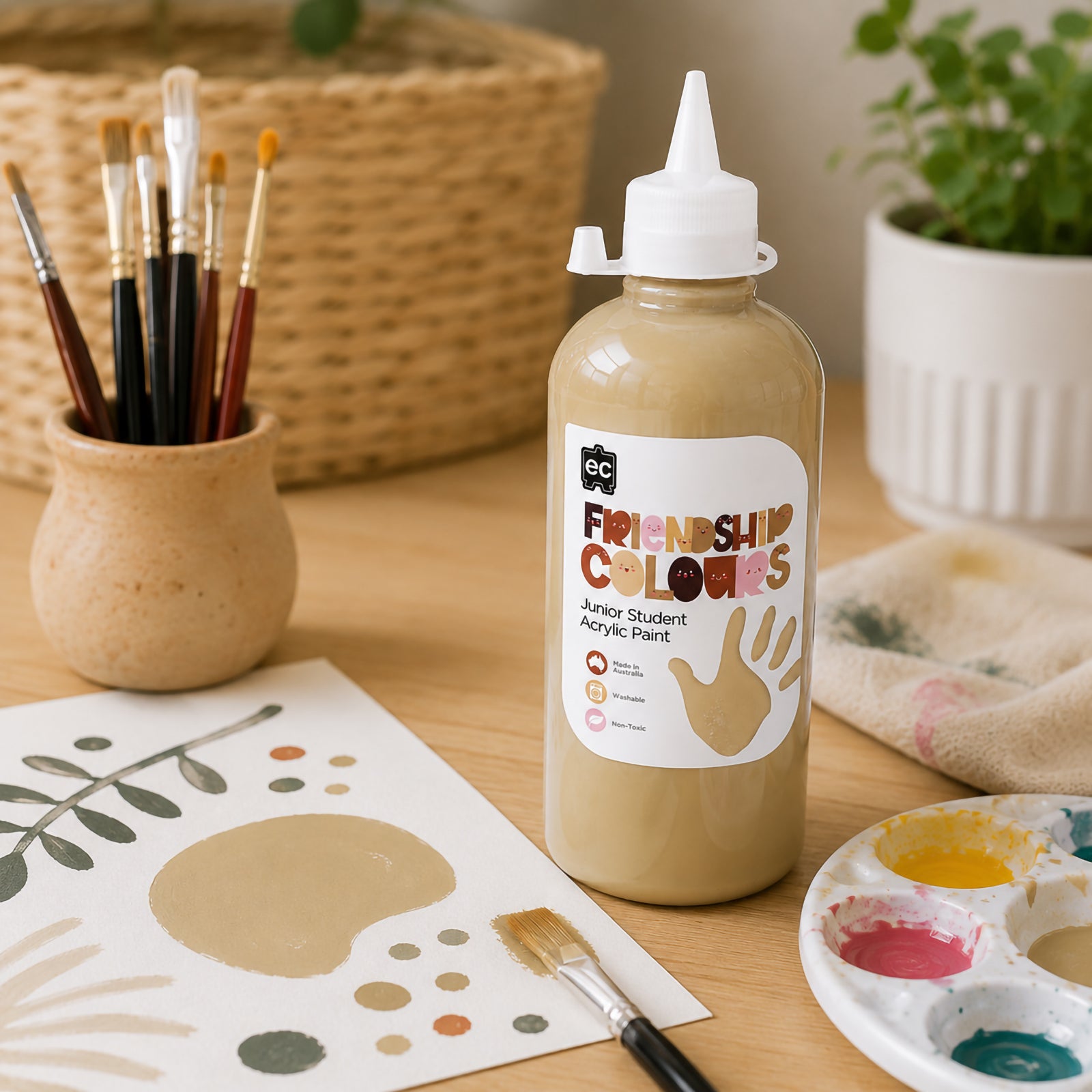 Bottle of Olive Acrylic Paint surrounded by art materials, painted botanical designs and classroom craft supplies. The neutral skin tone inspired colour is presented as an ideal choice for portrait work, cultural studies and inclusive educational artwork.
