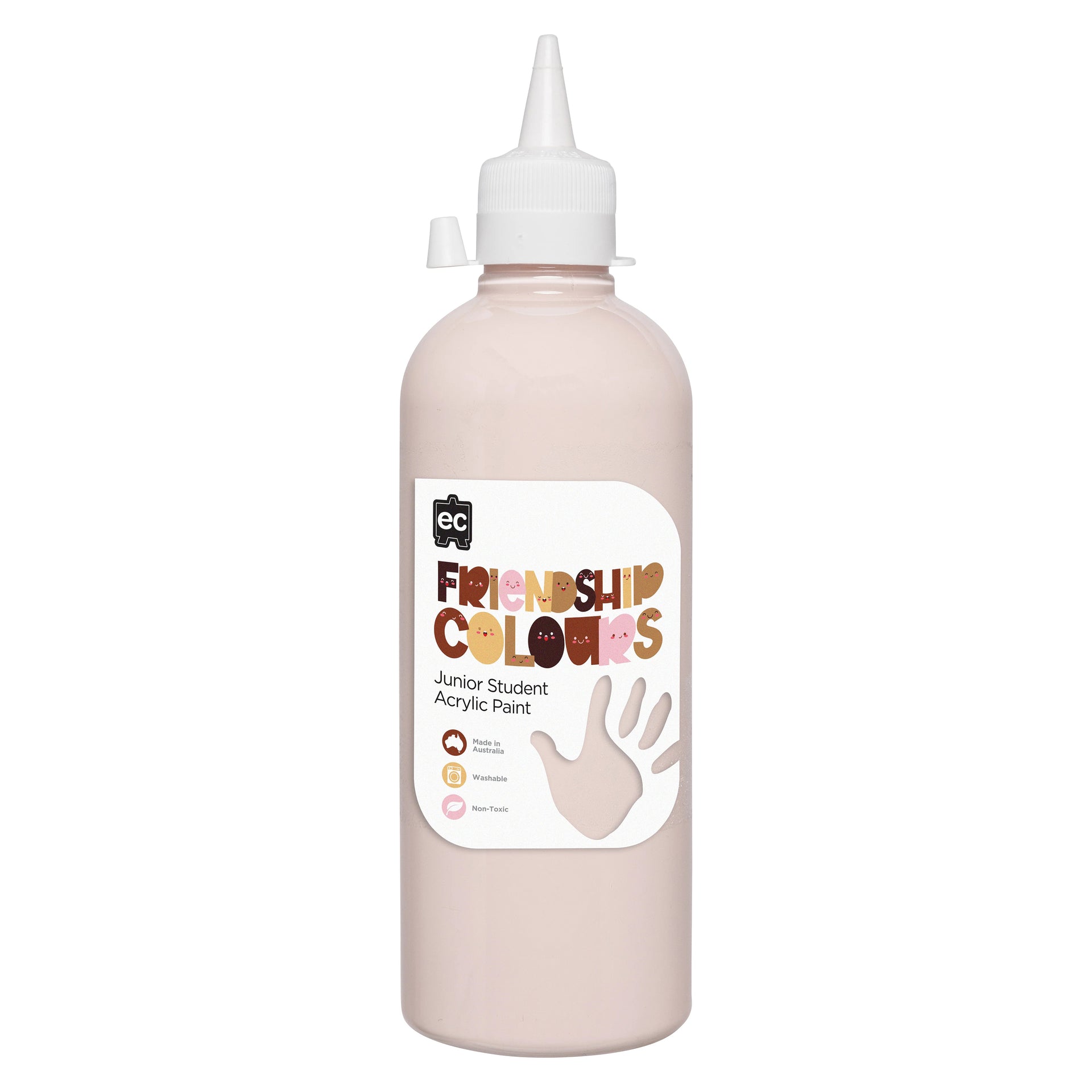 Product only image of Educational Colours Friendship Colours Peach Acrylic Paint 500ml with secure dispensing nozzle. The clean presentation clearly displays the bottle design, colour identification and practical format for schools, childcare centres and home art spaces.
