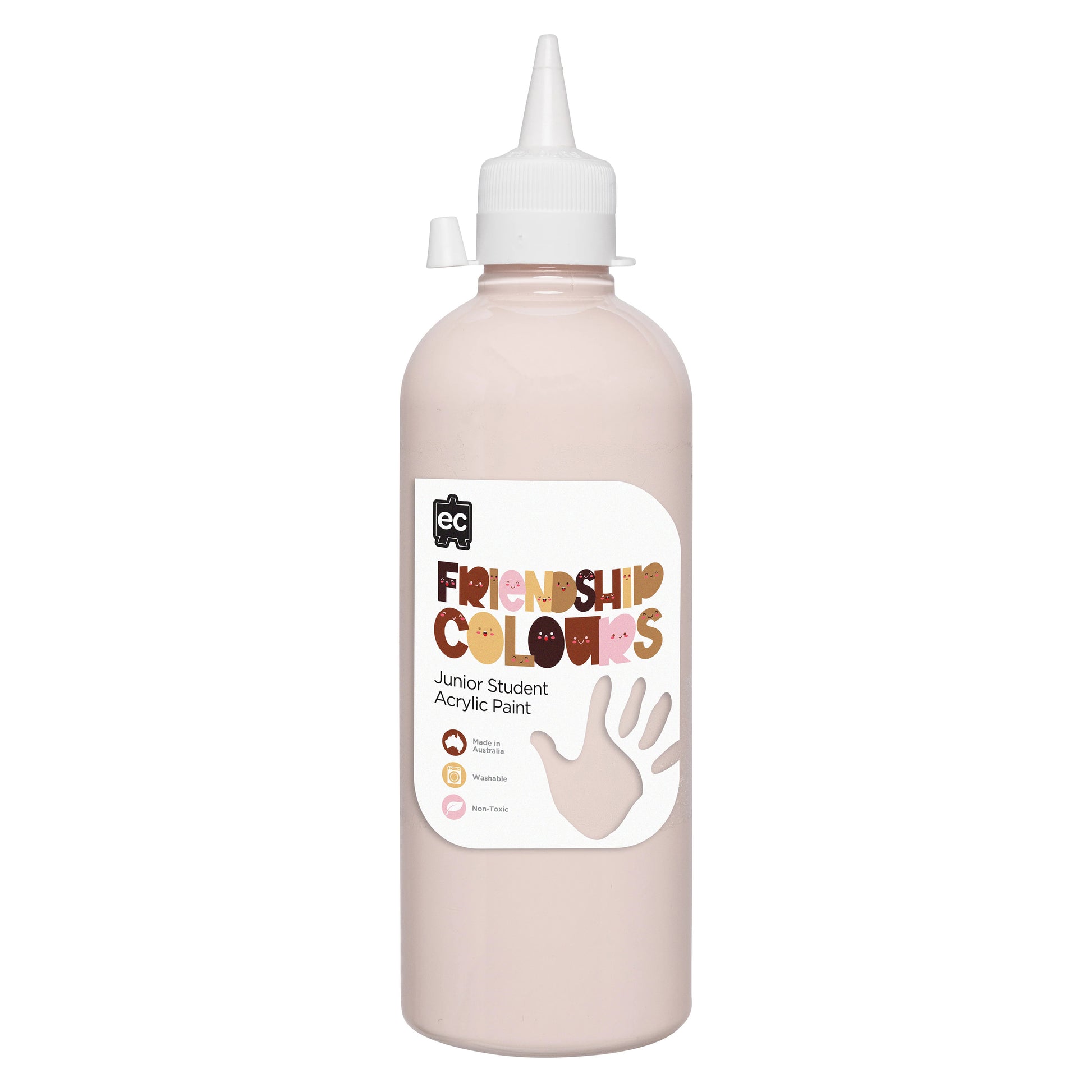 Product only image of Educational Colours Friendship Colours Peach Acrylic Paint 500ml with secure dispensing nozzle. The clean presentation clearly displays the bottle design, colour identification and practical format for schools, childcare centres and home art spaces.