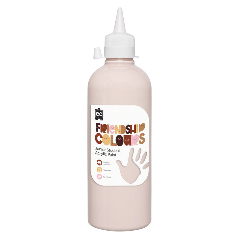 Product only image of Educational Colours Friendship Colours Peach Acrylic Paint 500ml with secure dispensing nozzle. The clean presentation clearly displays the bottle design, colour identification and practical format for schools, childcare centres and home art spaces.