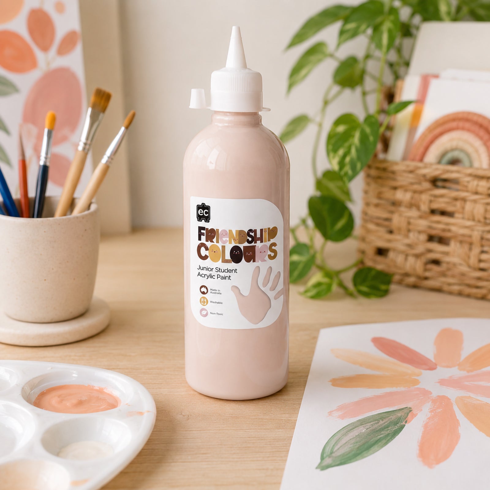 Educational Colours Friendship Colours Peach Acrylic Paint 500ml displayed beside a painted floral artwork, artist palette and classroom brushes. The soft peach skin tone paint is showcased in a welcoming creative environment that highlights inclusive art activities, self expression and multicultural learning experiences.