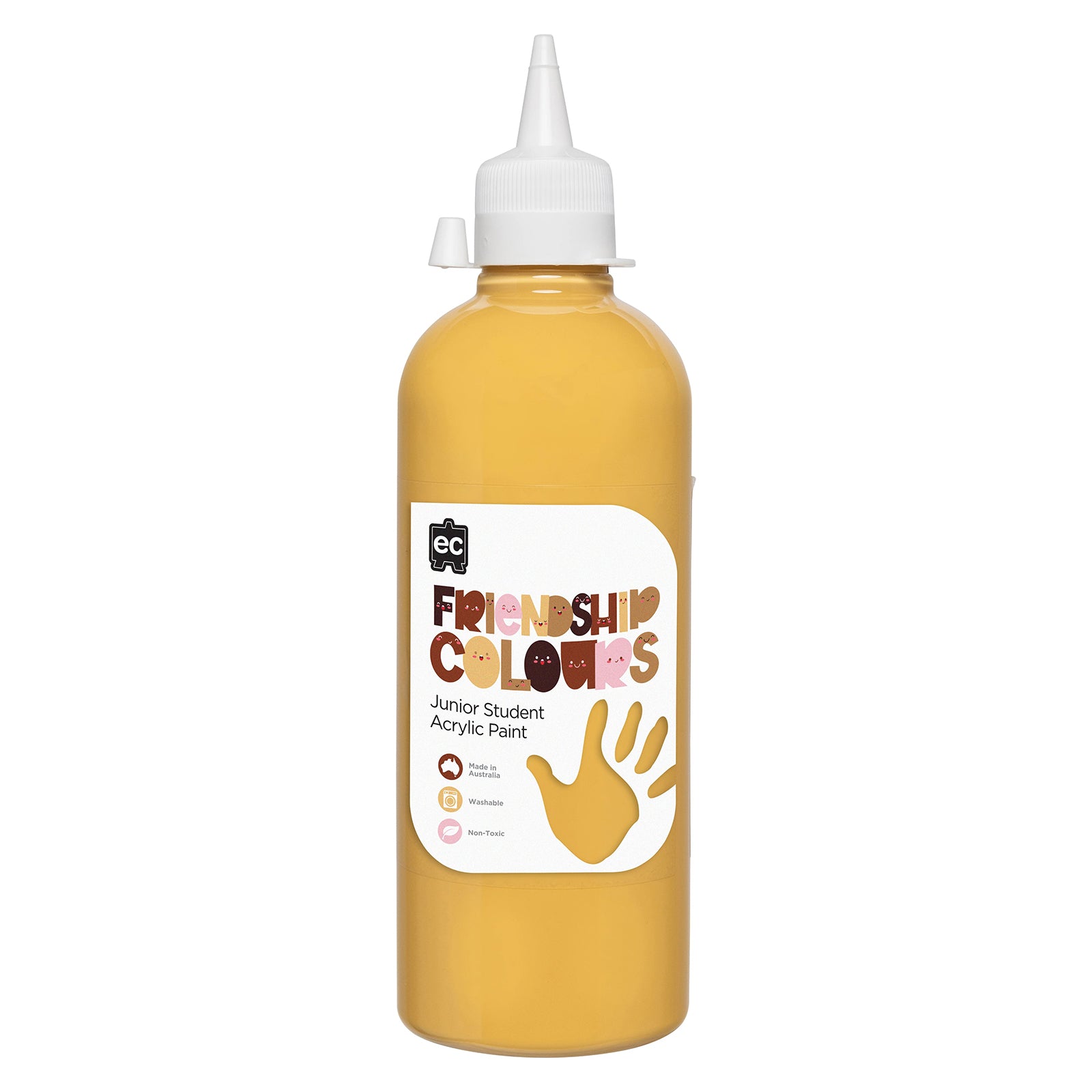 Clean product image of Educational Colours Friendship Colours Sand Acrylic Paint 500ml featuring the secure dispensing cap and clearly labelled bottle. The presentation emphasises the practical classroom size, warm sand tone and Australian made quality.