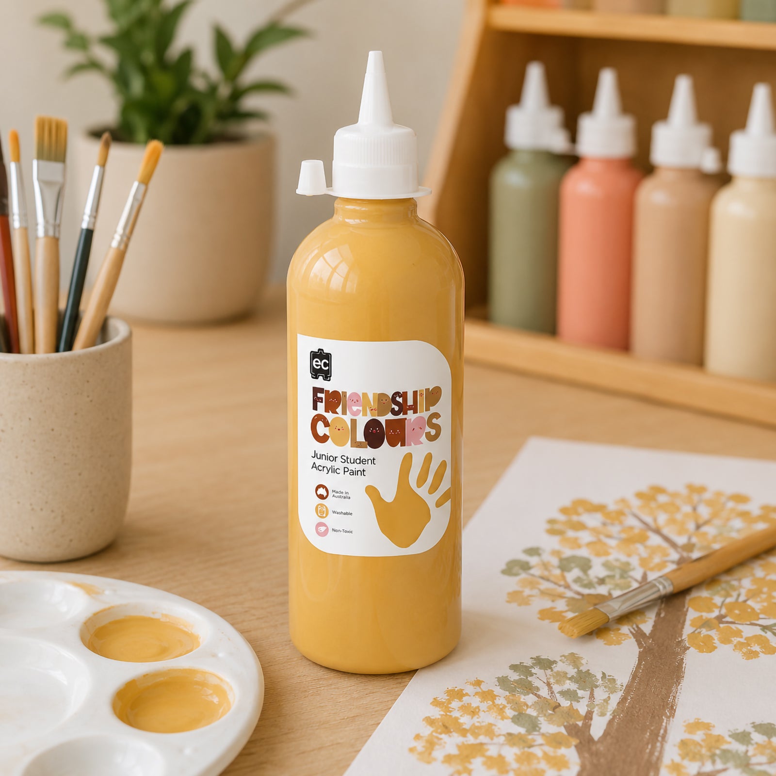 Sand Acrylic Paint 500ml showcased alongside a detailed tree painting and complementary Friendship Colours shades in the background. The scene reflects collaborative classroom creativity, nature inspired artwork and the value of representative colour choices in educational settings.