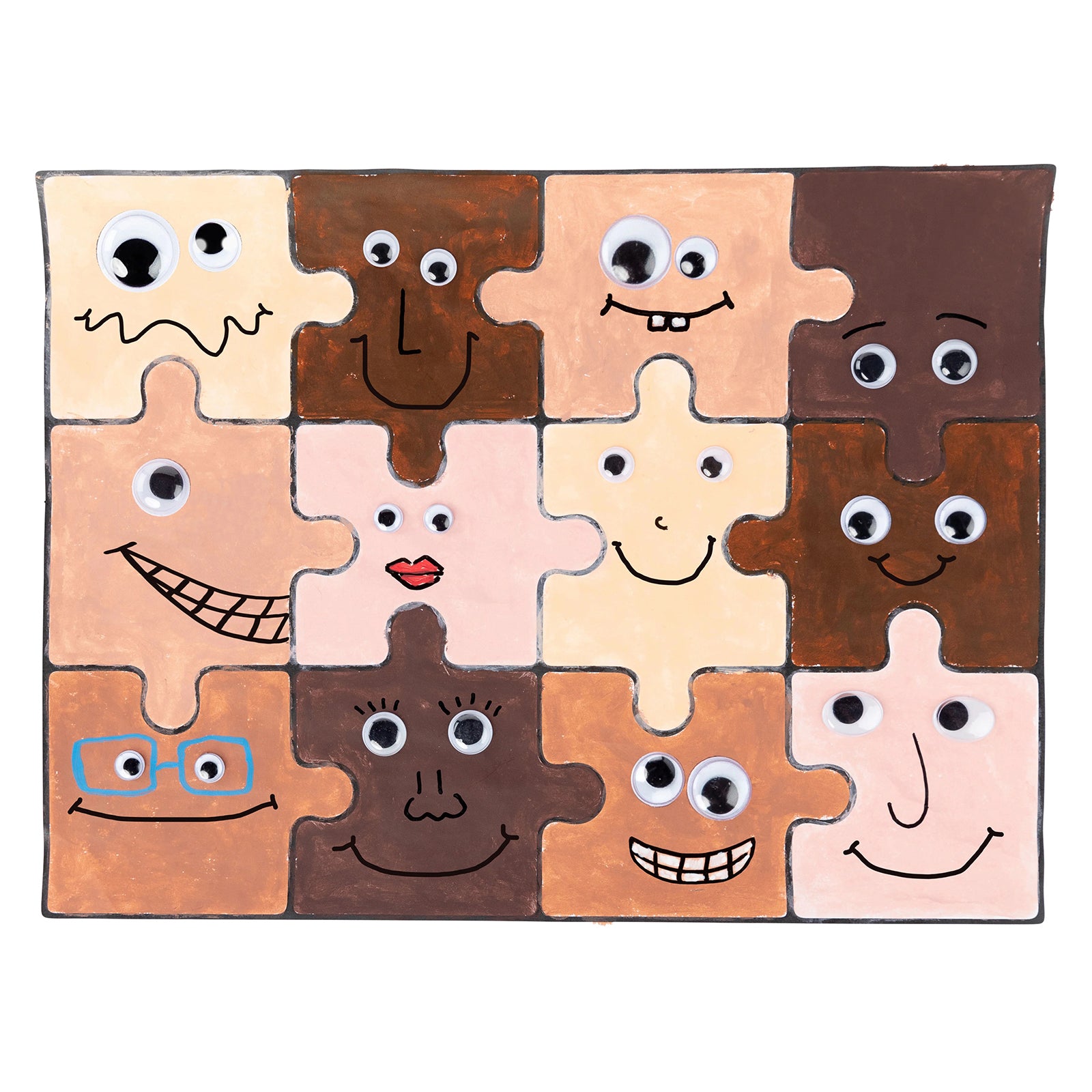 Artwork featuring interlocking puzzle pieces painted in various skin tone colours with expressive faces and craft eyes attached. The image demonstrates how the paint sticks can be used for collaborative projects focused on diversity, individuality and inclusion.