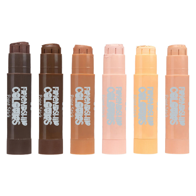 Close up view of all six Friendship Colours Paint Sticks with caps removed, showcasing the range of skin tone inspired shades available for portrait work, multicultural activities and inclusive art education.