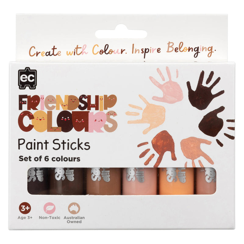 Front packaging view of Friendship Colours Paint Sticks Set of 6 showing the educational branding, colour range and handprint artwork. Packaging highlights non toxic materials, Australian ownership and suitability for children aged three years and above.