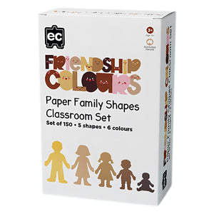 Product packaging for the Educational Colours Friendship Colours Paper Family Shapes Classroom Set showing family member silhouettes in six skin tone colours with a total of 150 pieces across five shapes.