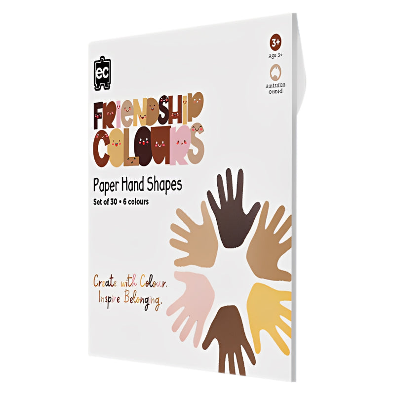Product packaging for the Educational Colours Friendship Colours Paper Hand Shapes Set featuring illustrations of assorted skin tone hand shapes. The packaging highlights a 30 piece educational craft resource designed to support inclusion, creativity and community focused learning experiences.
