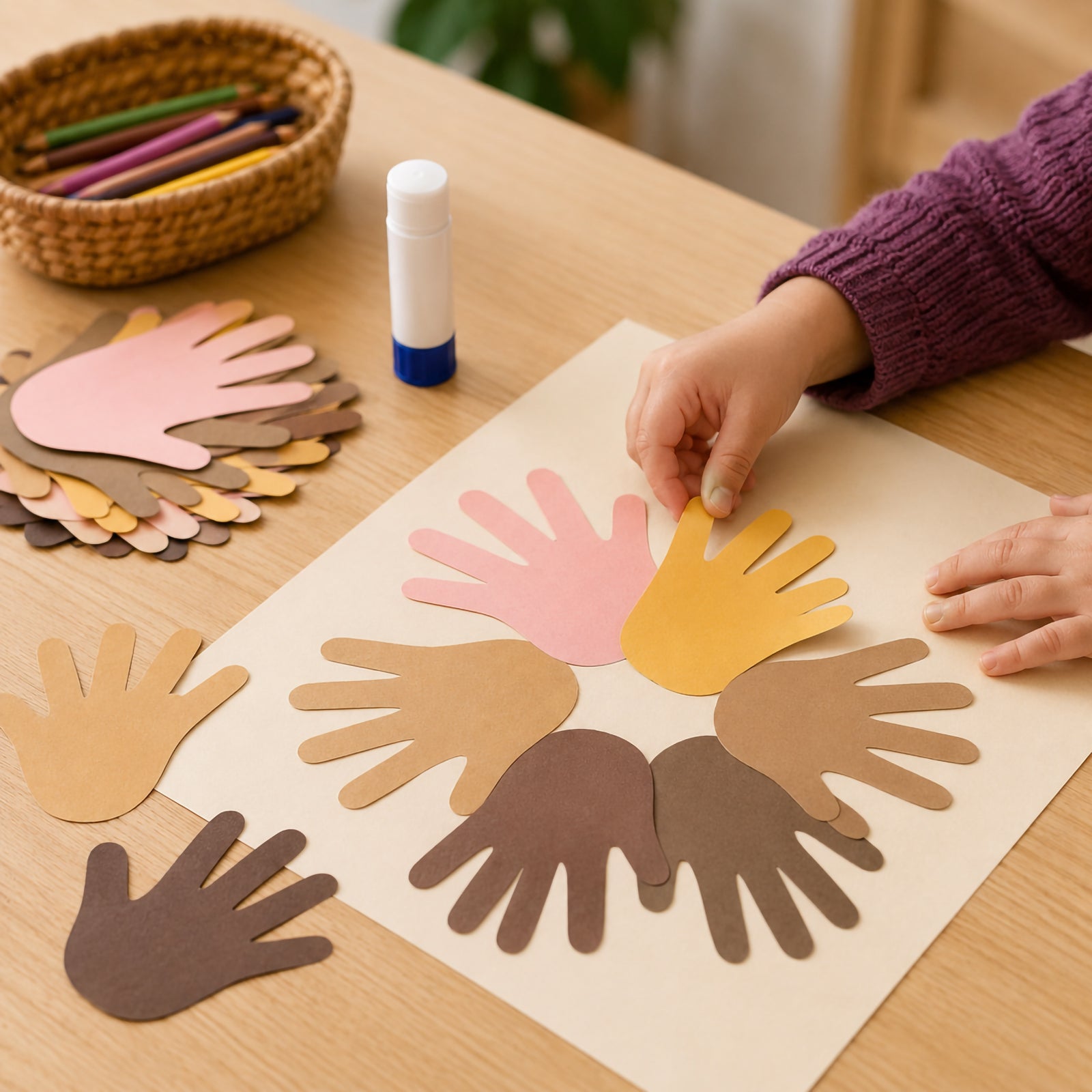 Student assembling a friendship themed craft display using paper hand shapes in six realistic skin tone colours. The activity promotes belonging, cultural awareness and social emotional development through hands on classroom engagement.