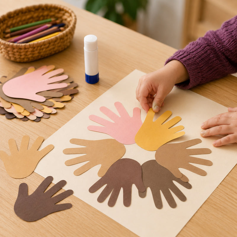 Student assembling a friendship themed craft display using paper hand shapes in six realistic skin tone colours. The activity promotes belonging, cultural awareness and social emotional development through hands on classroom engagement.