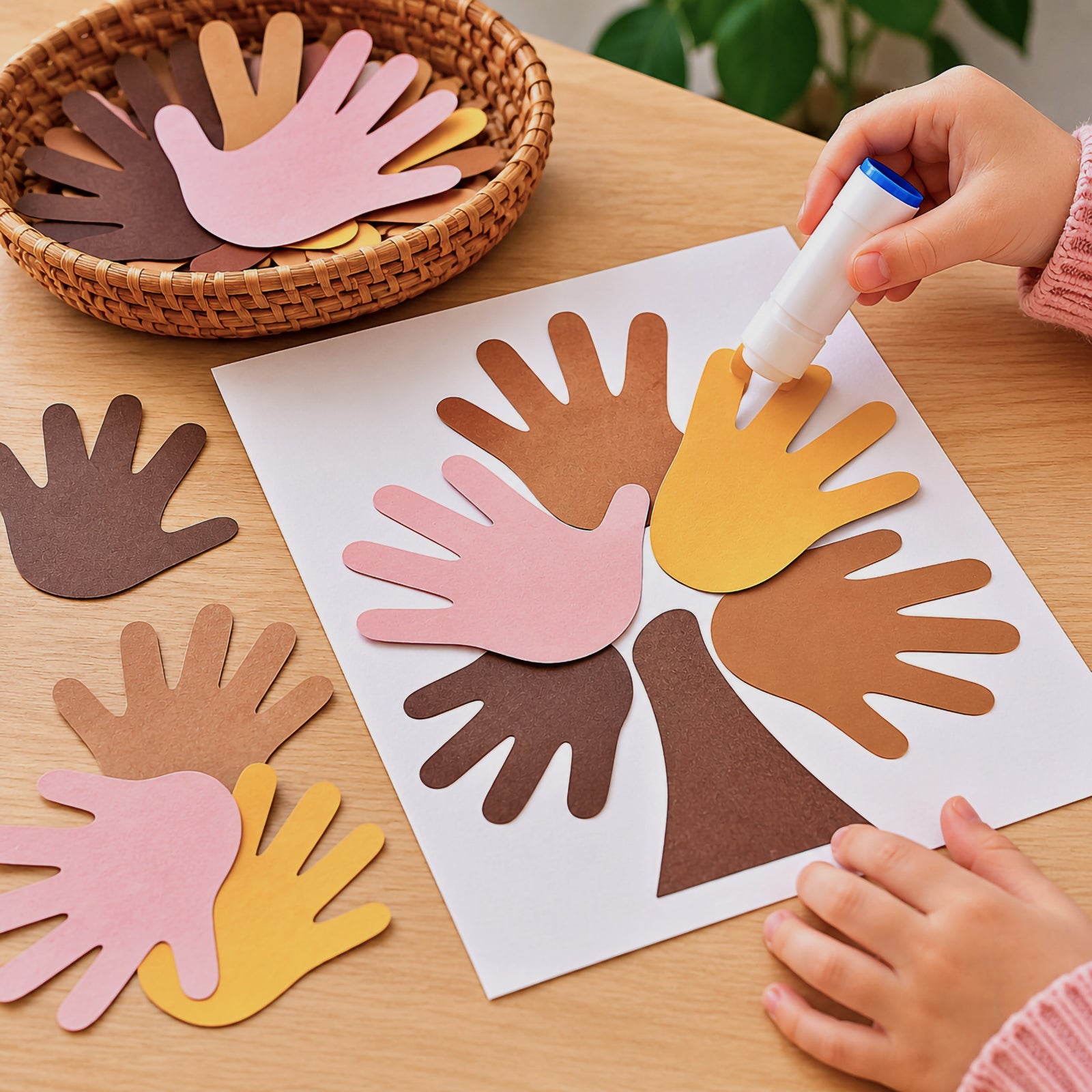Child creating an inclusive classroom artwork by arranging and gluing paper hand shapes in a circular pattern. The assorted skin tone hand cut outs symbolise friendship, teamwork, diversity and community while encouraging creative expression and collaborative learning.