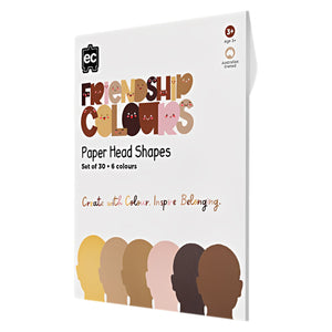 Product packaging for the Educational Colours Friendship Colours Paper Head Shapes Set showing six inclusive skin tone colour options. The packaging highlights a creative educational resource designed to support identity, diversity and social emotional learning.
