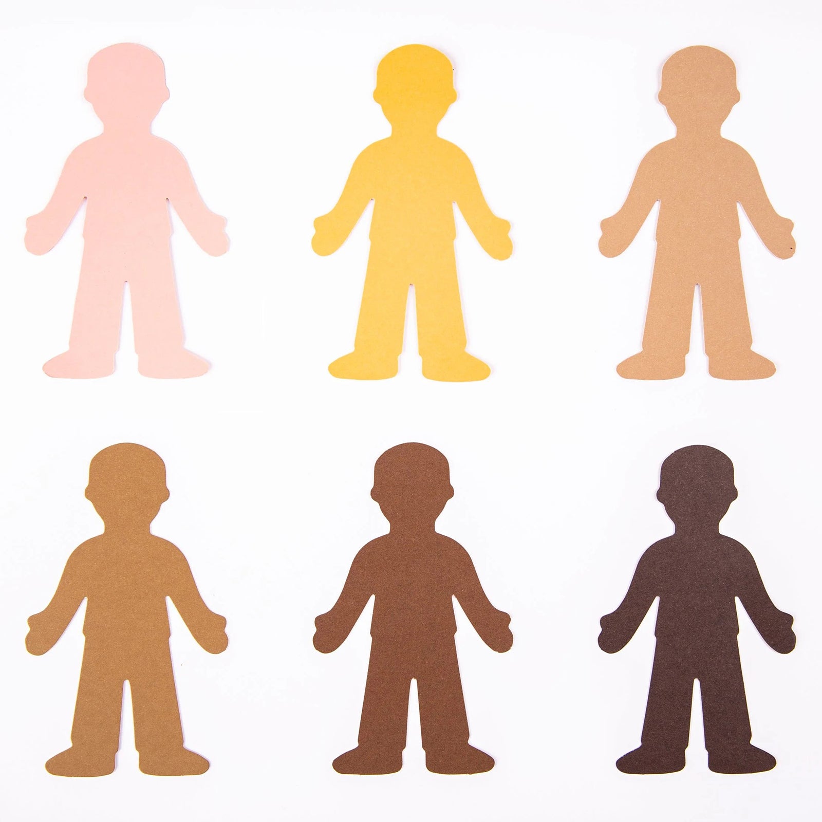 Set of six paper people figures shown in realistic skin tone shades. The pre cut shapes provide a versatile foundation for decorating, storytelling, diversity displays and inclusive classroom learning experiences.