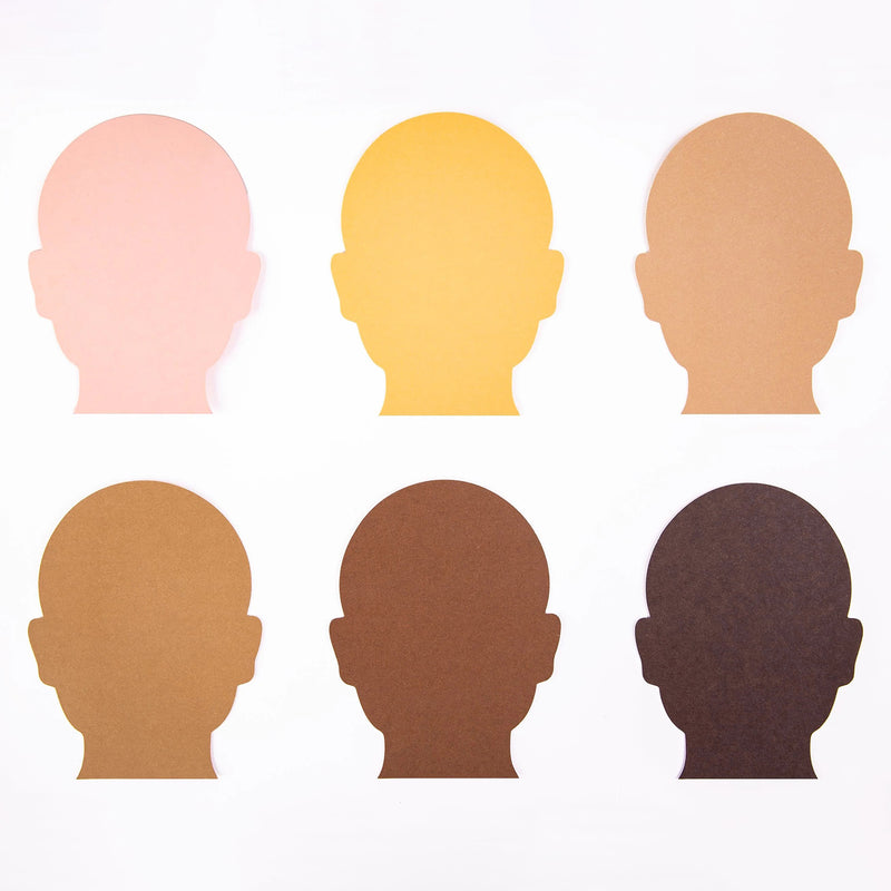 Six paper head silhouettes in inclusive skin tone colours arranged for educational and craft use. Ideal for self portrait activities, cultural awareness lessons and collaborative classroom projects focused on identity and representation.