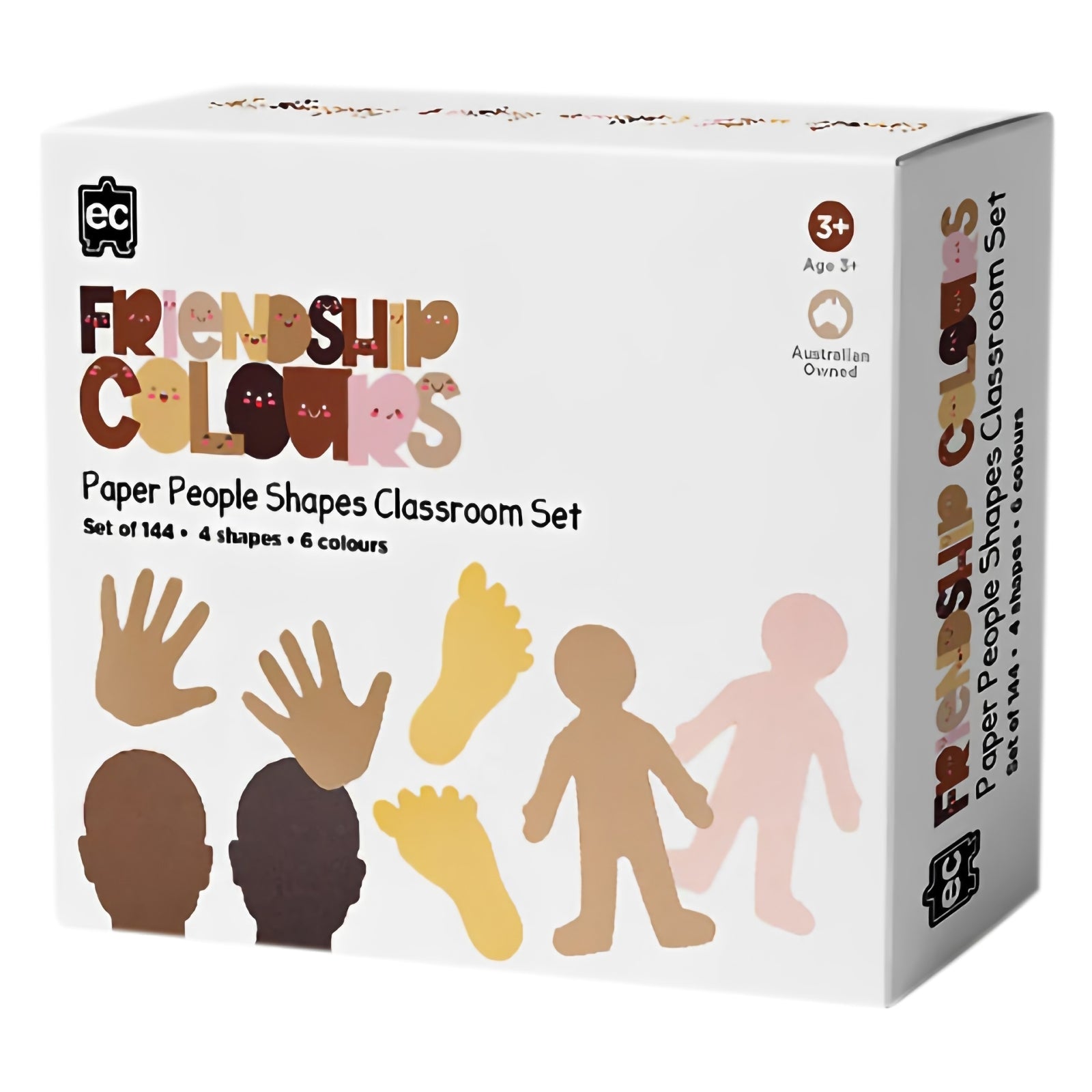 Product packaging for the Educational Colours Friendship Colours Paper People Shapes Classroom Set showing examples of included hands, feet, heads and people shapes in six skin tone colours with a total of 144 pieces.