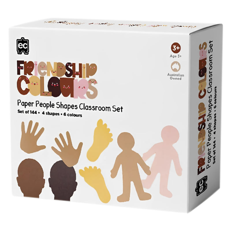 Product packaging for the Educational Colours Friendship Colours Paper People Shapes Classroom Set showing examples of included hands, feet, heads and people shapes in six skin tone colours with a total of 144 pieces.