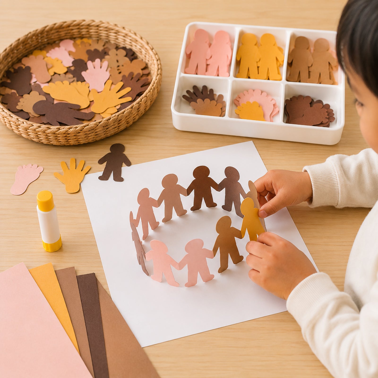 Child creating a circular paper chain using diverse skin tone paper people shapes on a classroom table. The activity demonstrates inclusion, community building and collaborative learning with assorted paper hands, feet and people shapes arranged around a creative craft project.