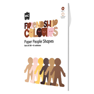 Educational Colours Friendship Colours Paper People Shapes packaging featuring inclusive full body figure designs in six skin tone colours. The product is presented as a creative classroom resource that encourages diversity, representation and meaningful learning experiences.