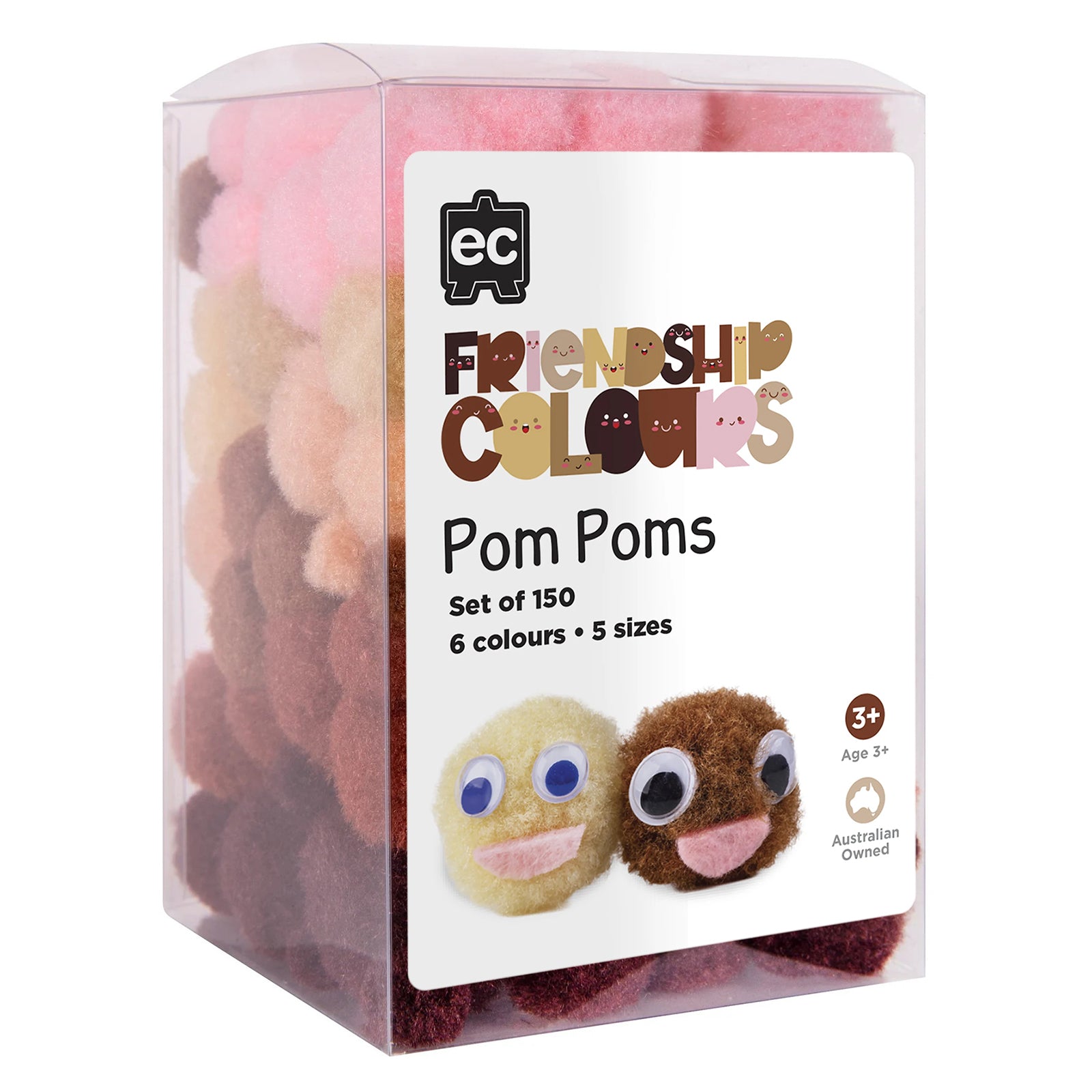 Product packaging image of the Friendship Colours Pom Pom Set of 150 displaying branding, product information and examples of character crafts. The packaging highlights six colours, five sizes, Australian ownership and suitability for children aged three years and above.