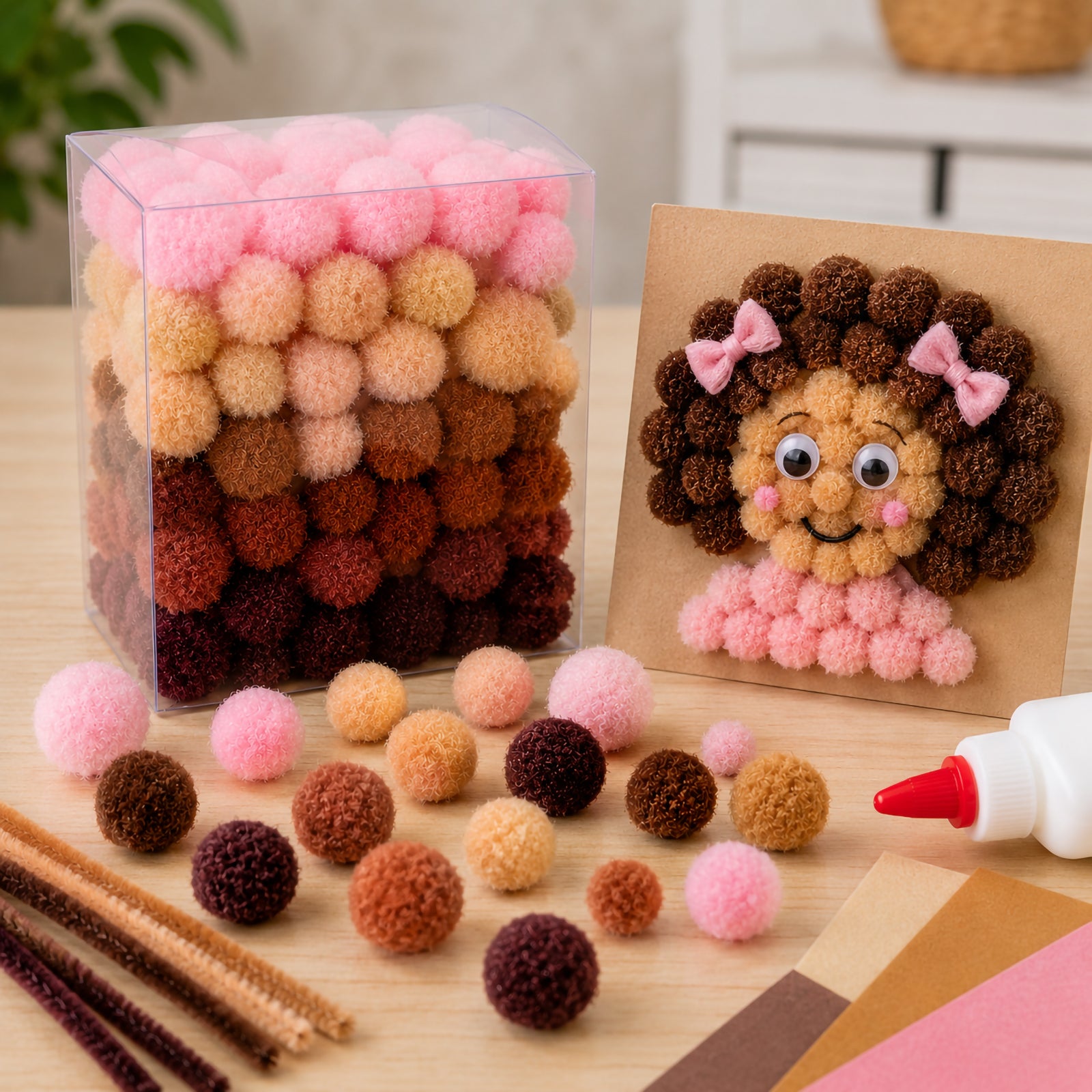 A completed pom pom doll featuring curly hair and a pink dress stands beside the Friendship Colours Pom Pom container. The assortment of pom poms scattered across the workspace demonstrates the range of colours and sizes available for building expressive and inclusive craft creations.