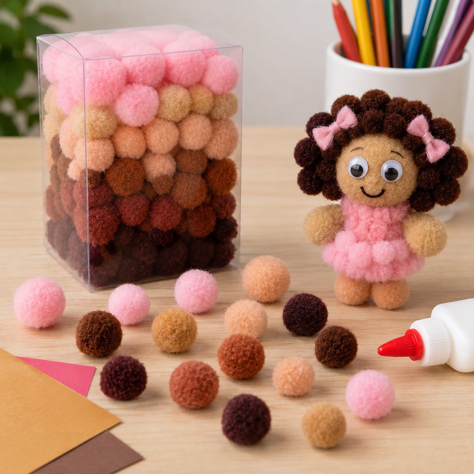 Friendship Colours Pom Pom Set displayed beside a finished pom pom portrait craft project. Various skin tone pom poms, chenille stems, glue and coloured craft papers are arranged on a table, highlighting the versatility of the set for collage work, character creation and multicultural classroom activities.