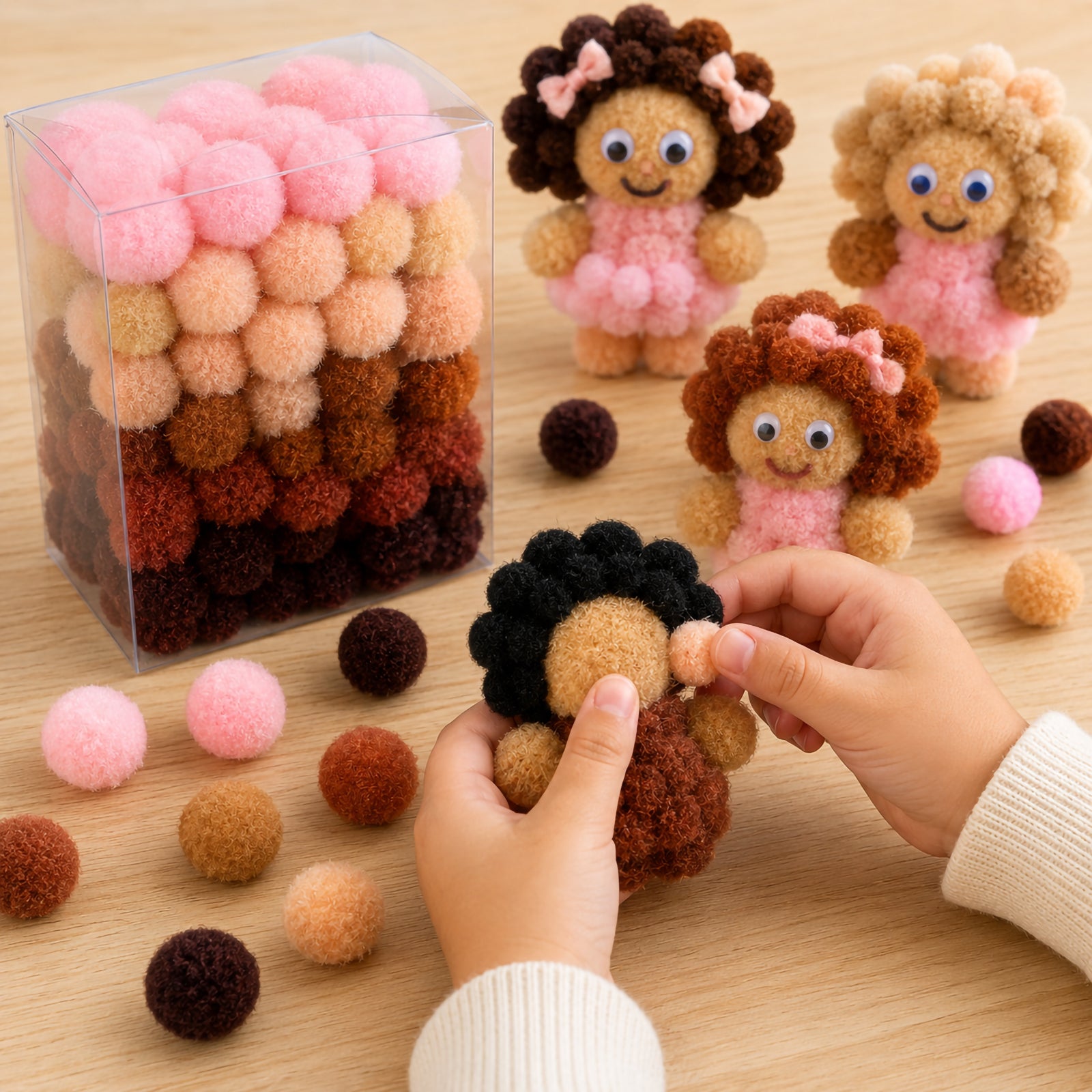 Child assembling a pom pom character using Friendship Colours craft pom poms in a variety of inclusive skin tone colours. The image showcases hands on creativity with assorted pom pom sizes and shades, while completed character figures demonstrate how children can create diverse personalities and imaginative craft projects.