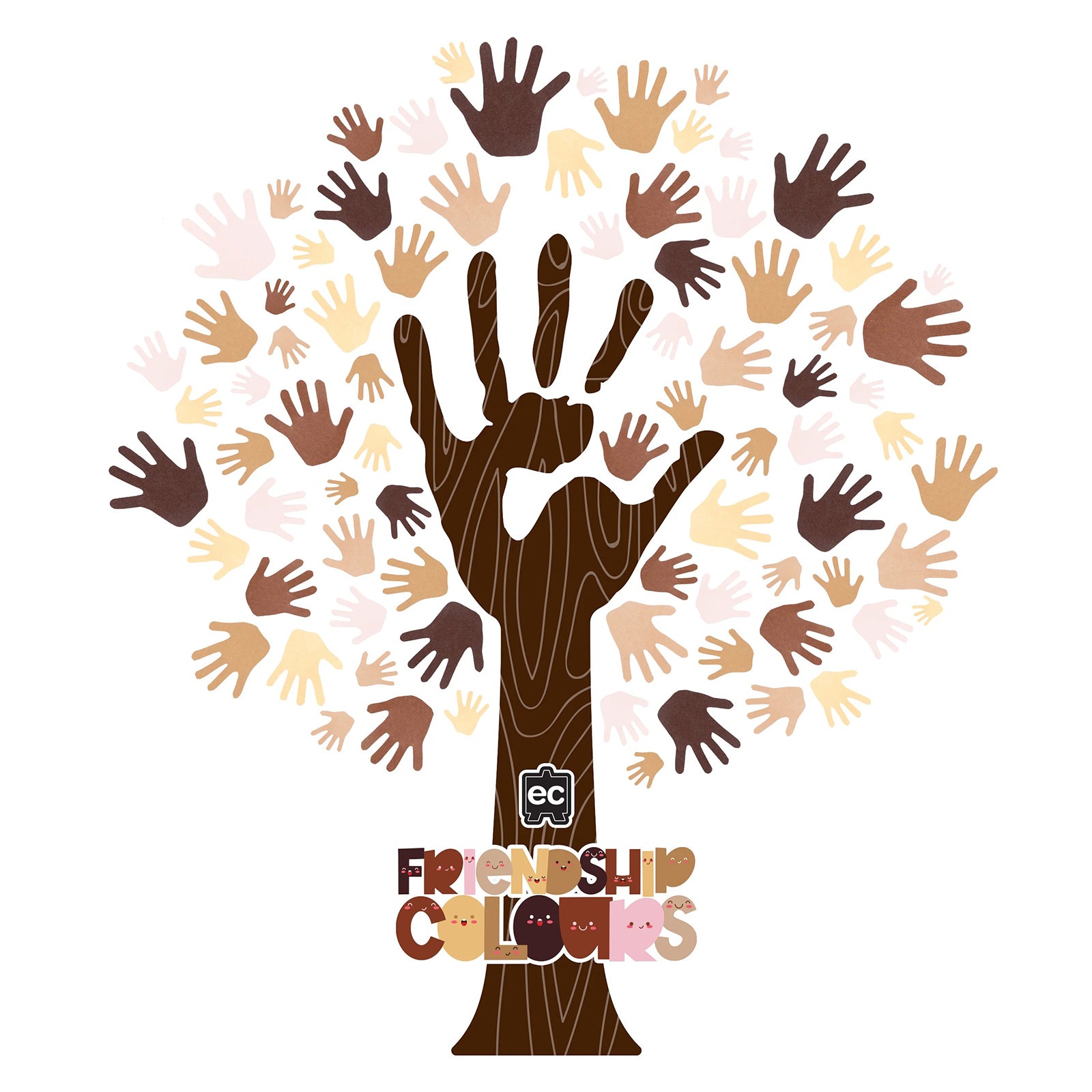 Decorative friendship tree artwork constructed from numerous handprint cut outs in diverse skin tone colours. The image symbolises community, inclusion, belonging and collaborative classroom creativity using the craft paper range.