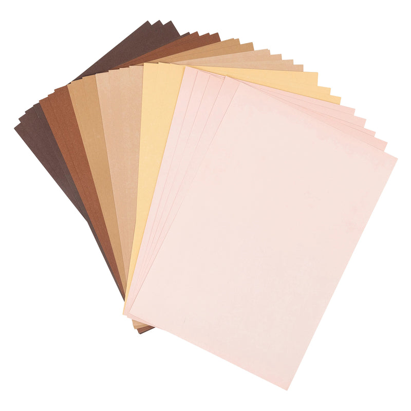 Close up display of the complete assortment of A4 craft paper sheets arranged by colour. The six realistic skin tone shades provide an inclusive palette suitable for educational projects, paper crafts, portraits and diversity themed activities.