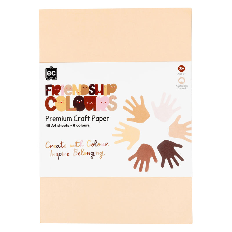 Front packaging view of the Friendship Colours Premium Craft Paper pack showing 48 A4 sheets in six colours. The packaging highlights the inclusive design and educational focus of the Australian owned craft resource.