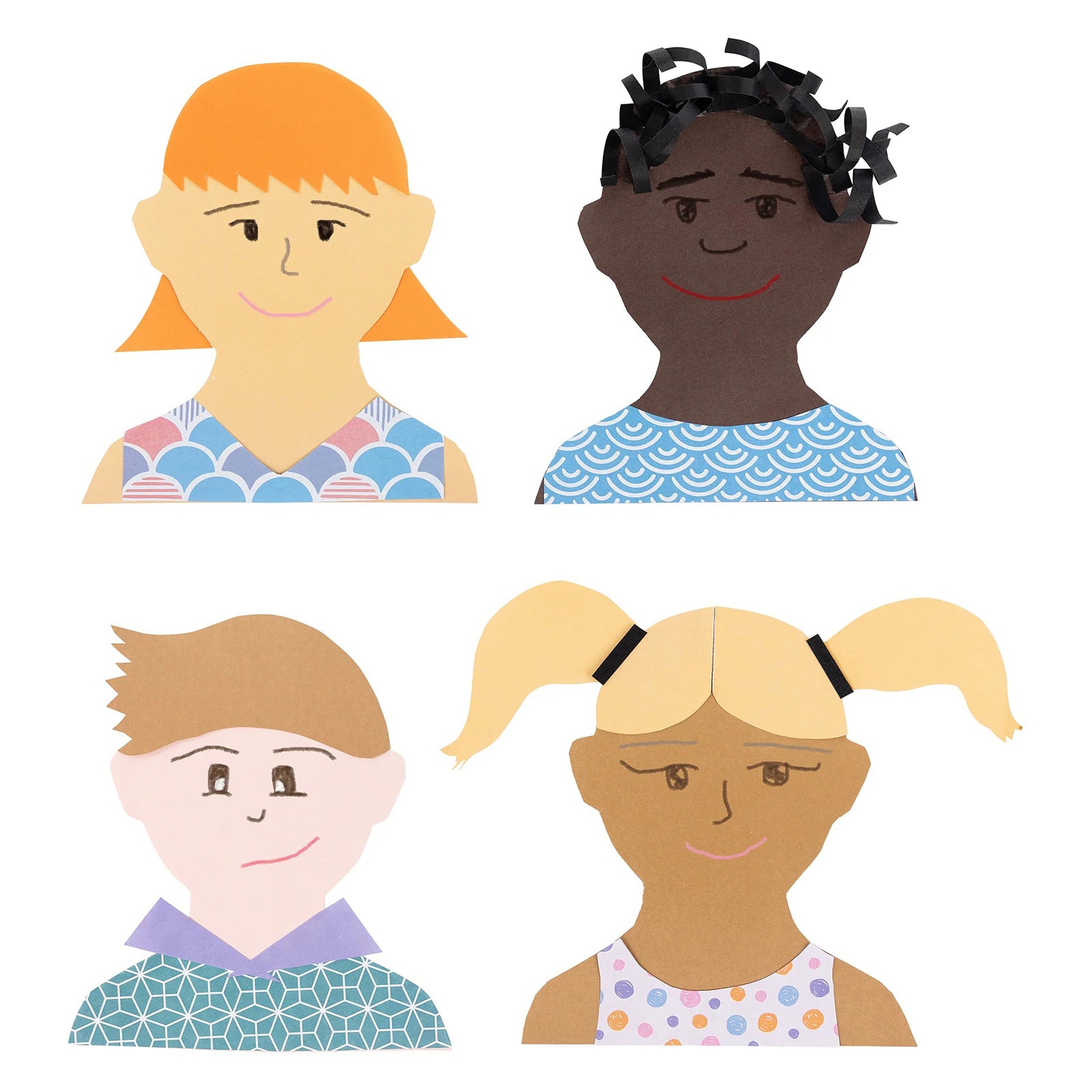 Four completed portrait craft examples created from the skin tone paper collection. Each character features unique facial details, hairstyles and clothing patterns, highlighting opportunities for self expression, identity exploration and multicultural representation.